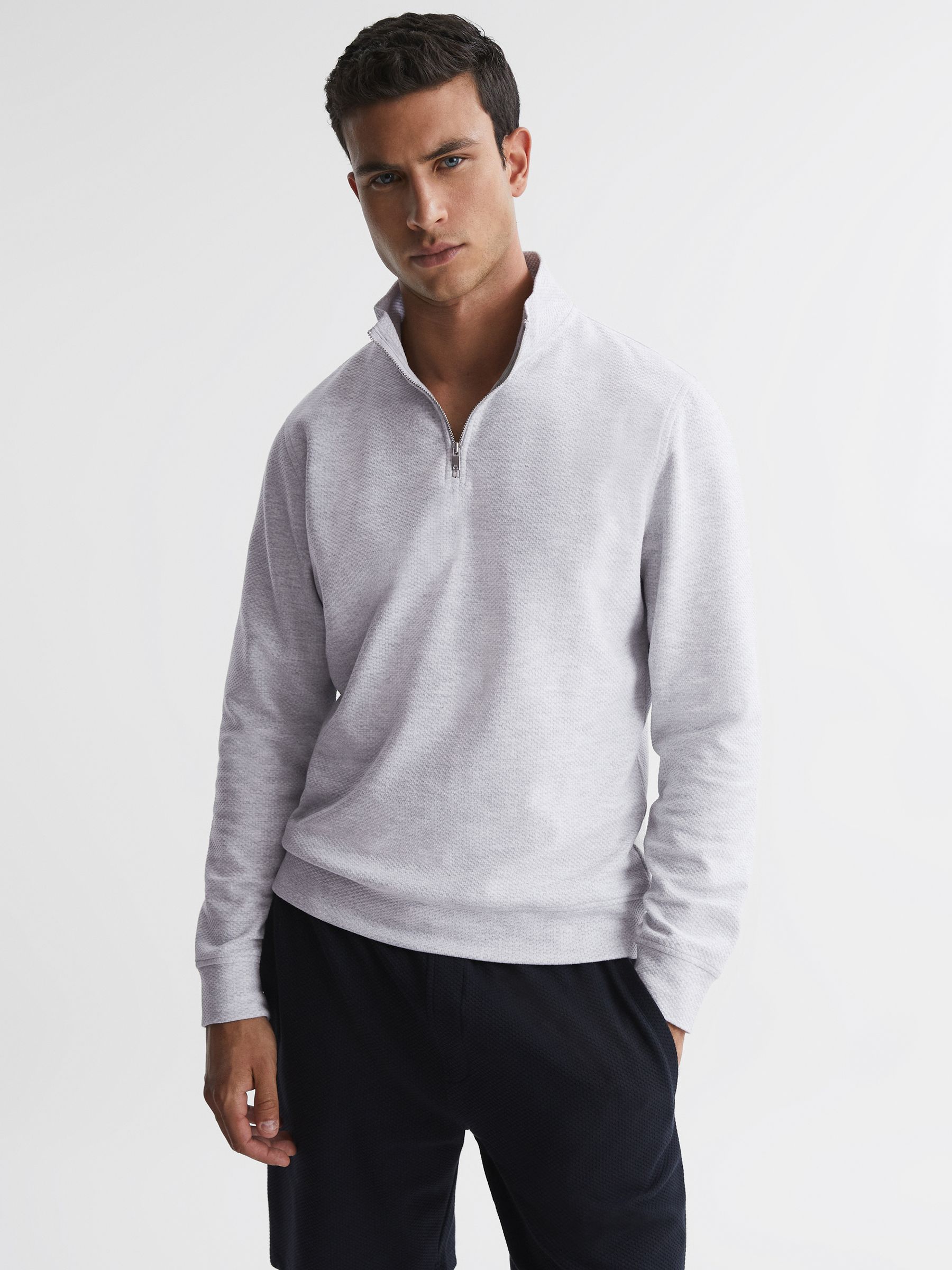 Slim Fit Textured Half Zip Top in Grey Melange - Image 9 of 11