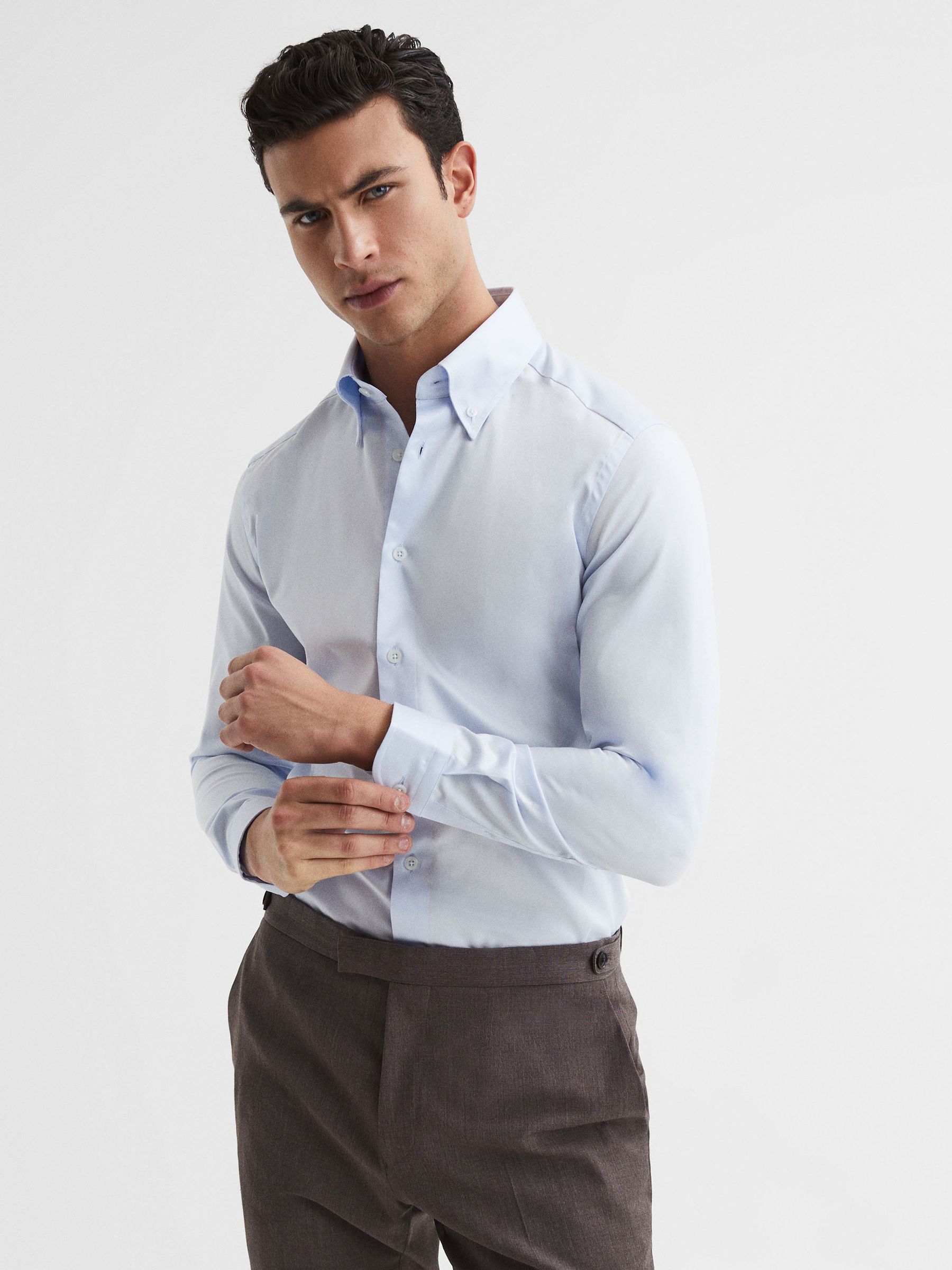 Slim Fit Cotton Button-Down Shirt in Soft Blue - Image 1 of 7