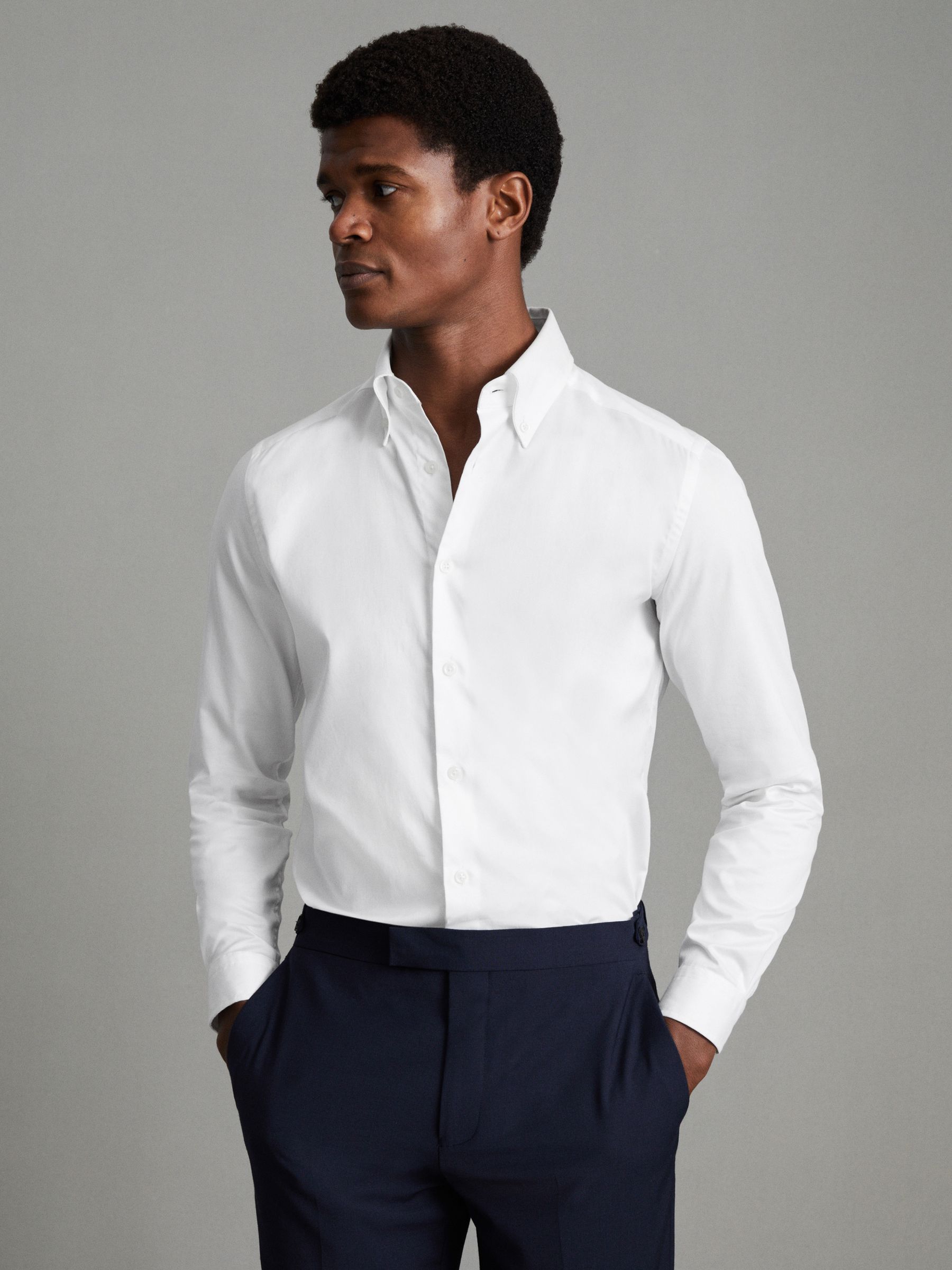 Slim Fit Cotton Button-Down Shirt in White - Image 1 of 7