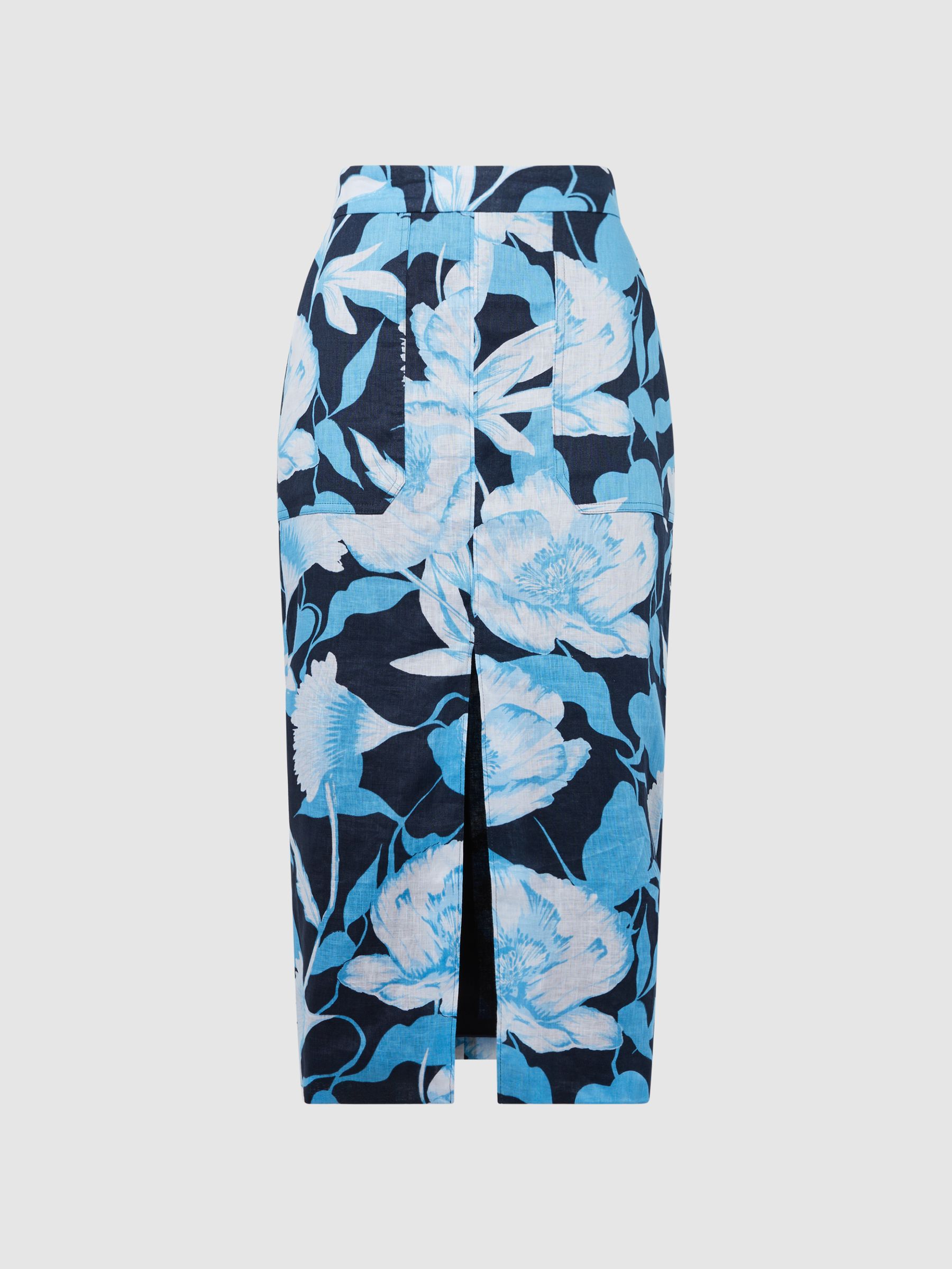Floral Print High Rise Midi Skirt in Navy/Blue - Image 2 of 6
