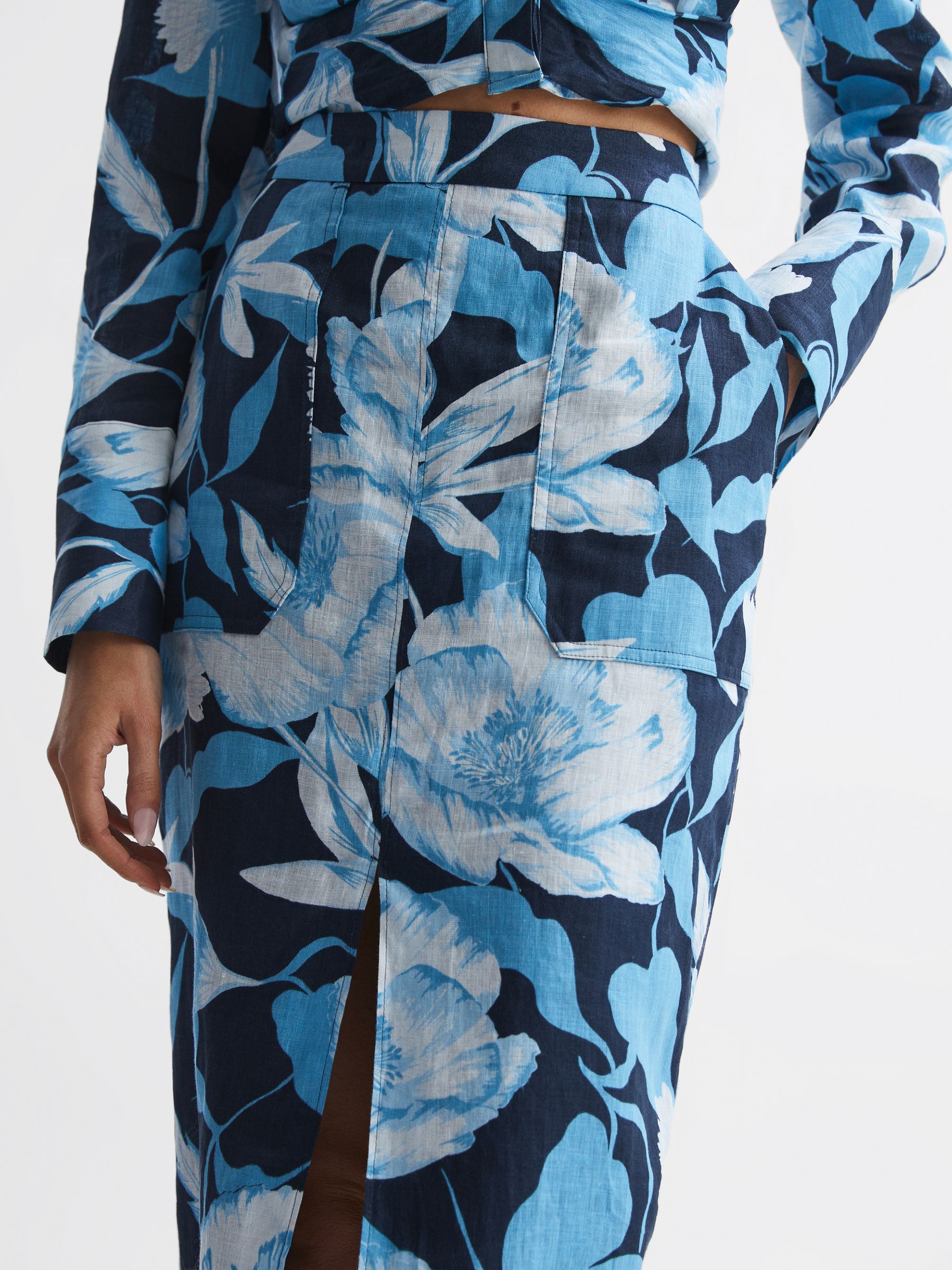 Floral Print High Rise Midi Skirt in Navy/Blue - Image 3 of 6