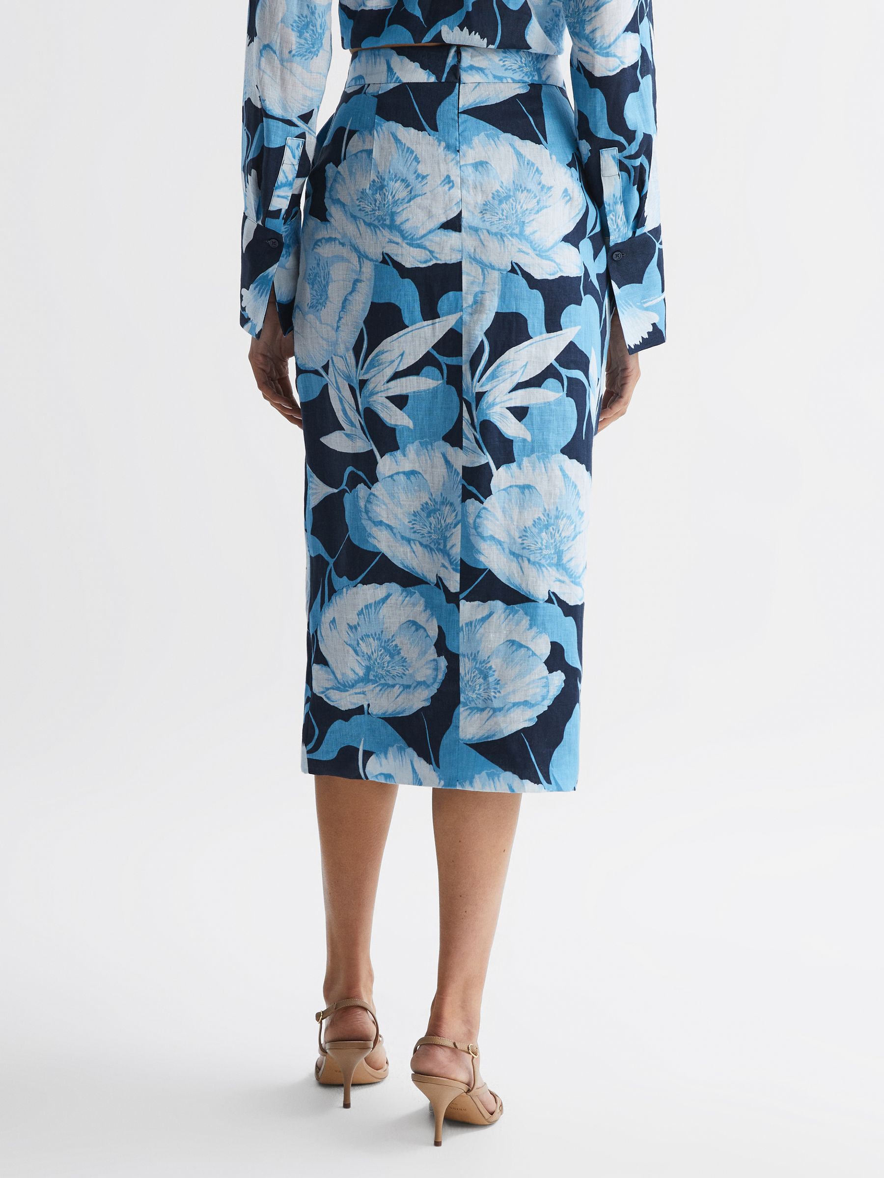 Floral Print High Rise Midi Skirt in Navy/Blue - Image 5 of 6