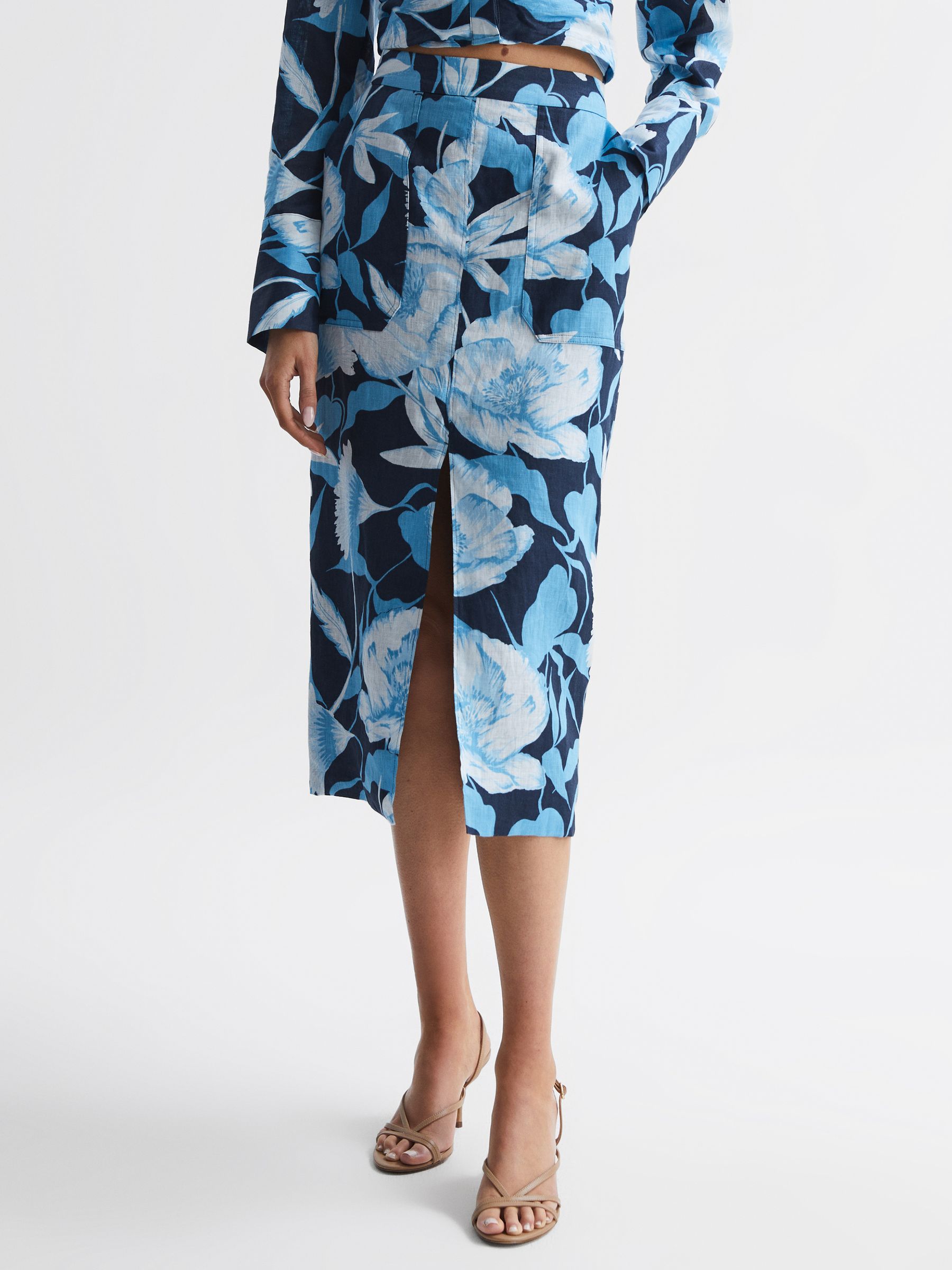 Floral Print High Rise Midi Skirt in Navy/Blue - Image 6 of 6