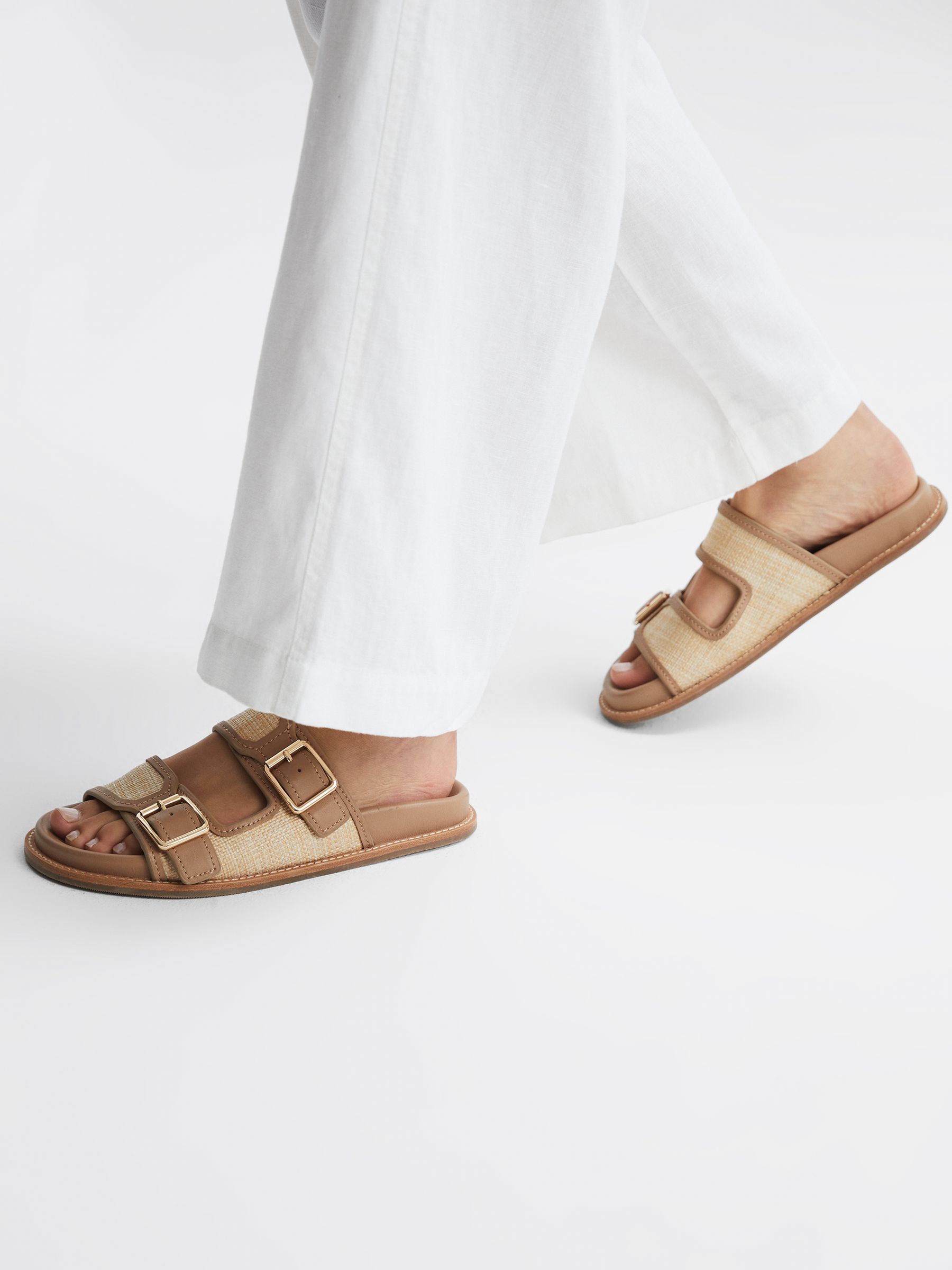 Raffia Leather Sliders in Natural - Image 2 of 5 Raffia Leather Sliders in Natural - Image 2 of 5