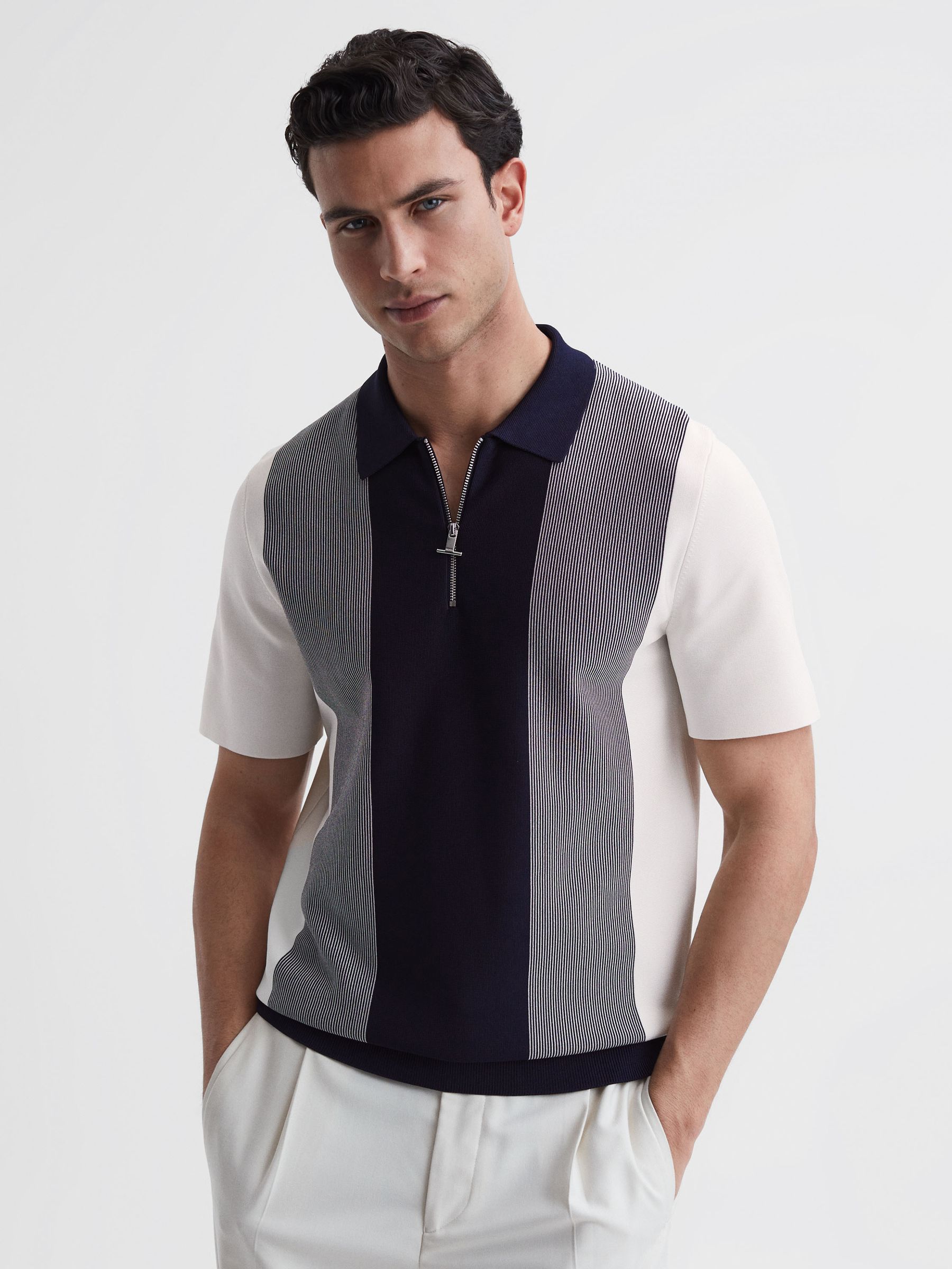 Half-Zip Striped Polo T-Shirt in Navy/White - Image 1 of 4
