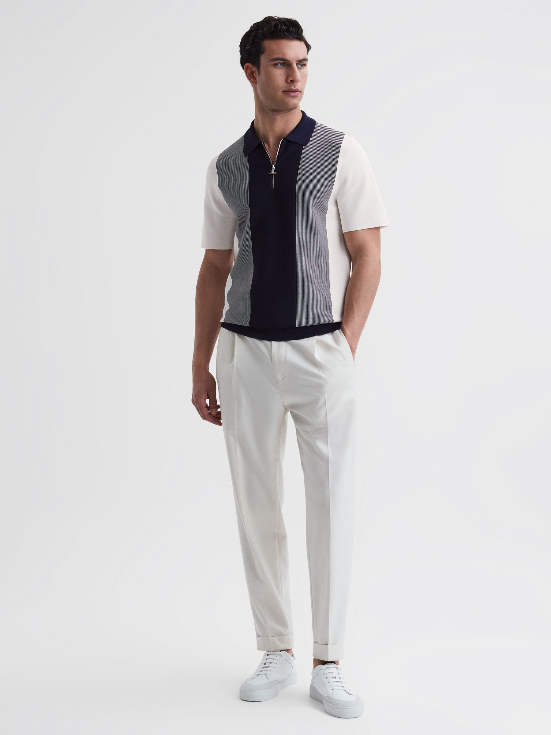 Half-Zip Striped Polo T-Shirt in Navy/White - Image 3 of 4