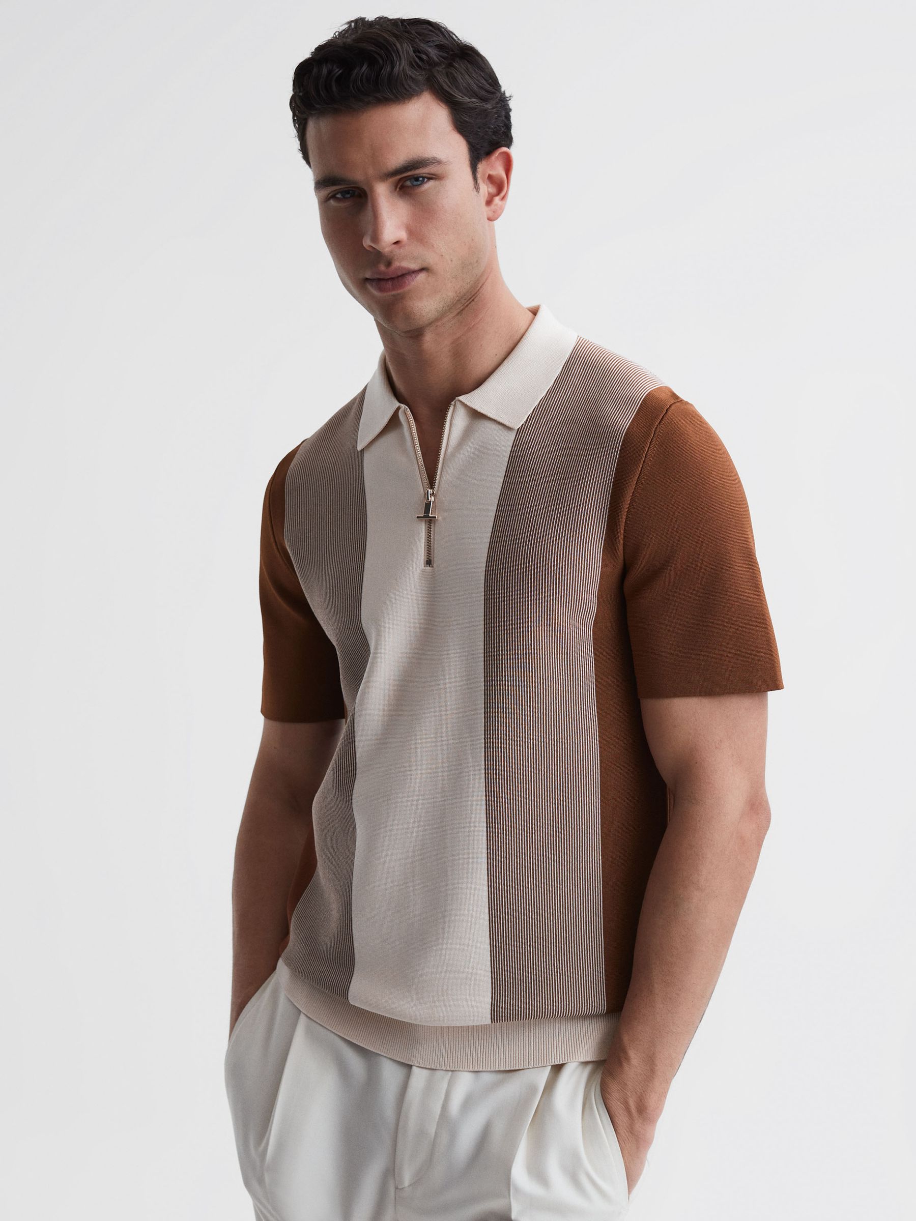 Half-Zip Striped Polo T-Shirt in Tobacco/Cream - Image 1 of 4