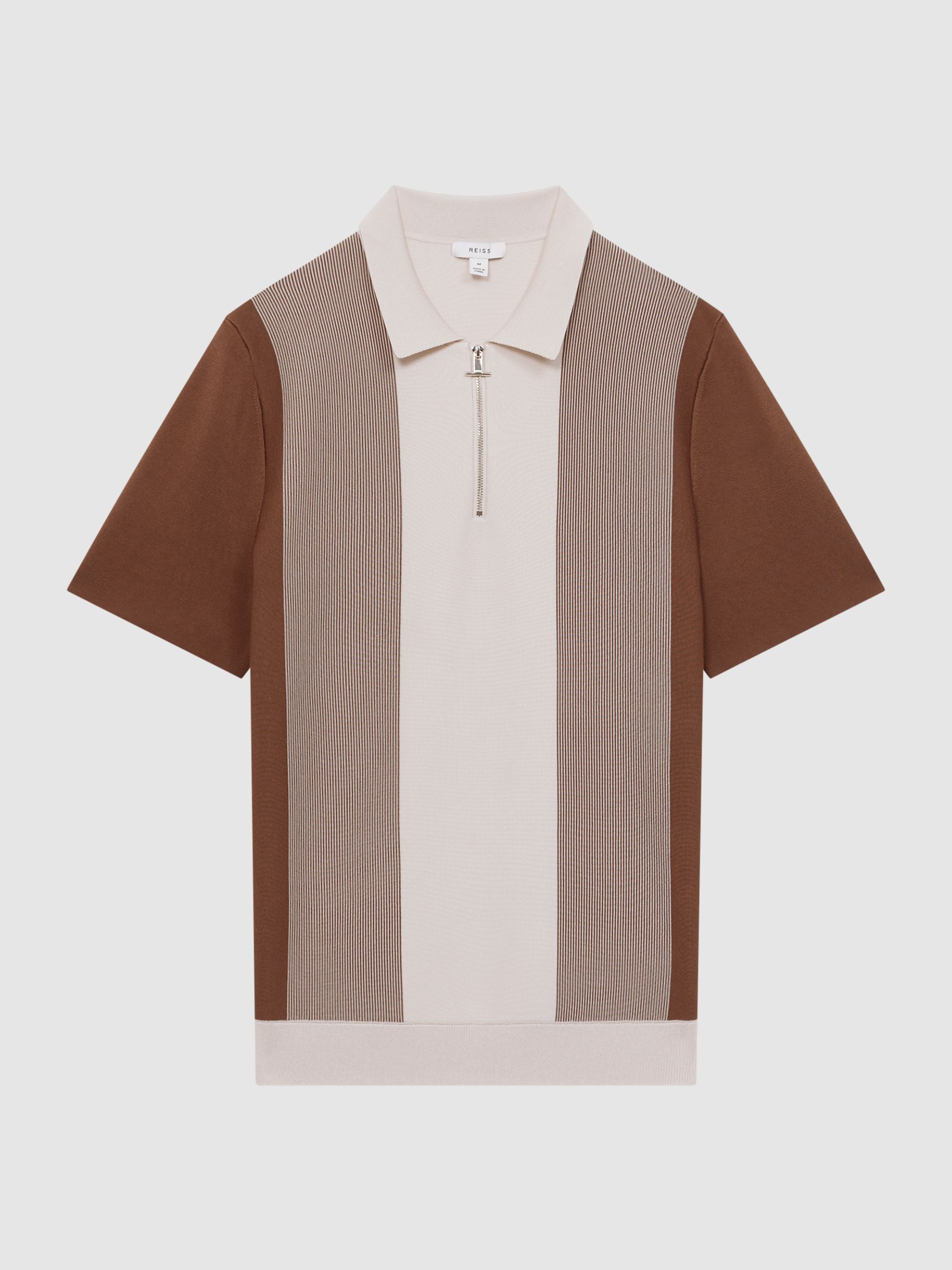 Half-Zip Striped Polo T-Shirt in Tobacco/Cream - Image 2 of 4