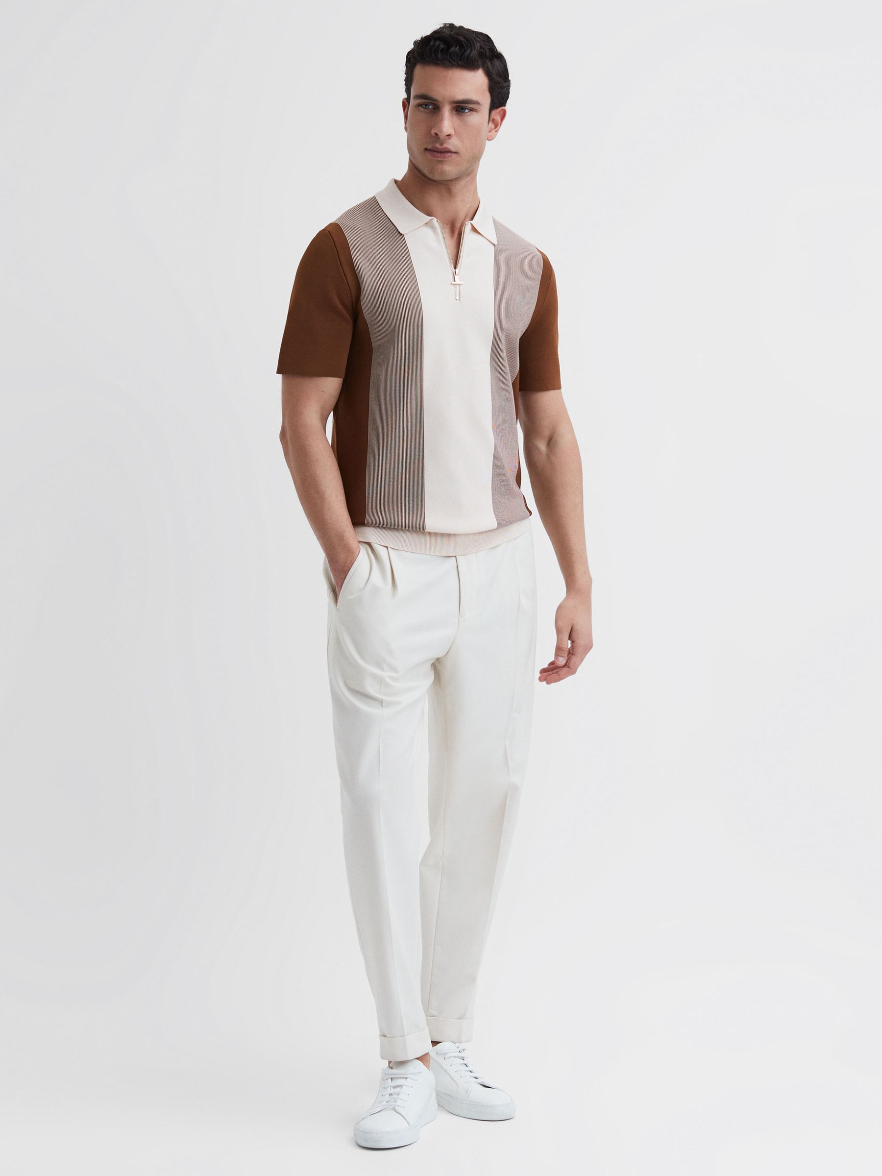 Half-Zip Striped Polo T-Shirt in Tobacco/Cream - Image 3 of 4