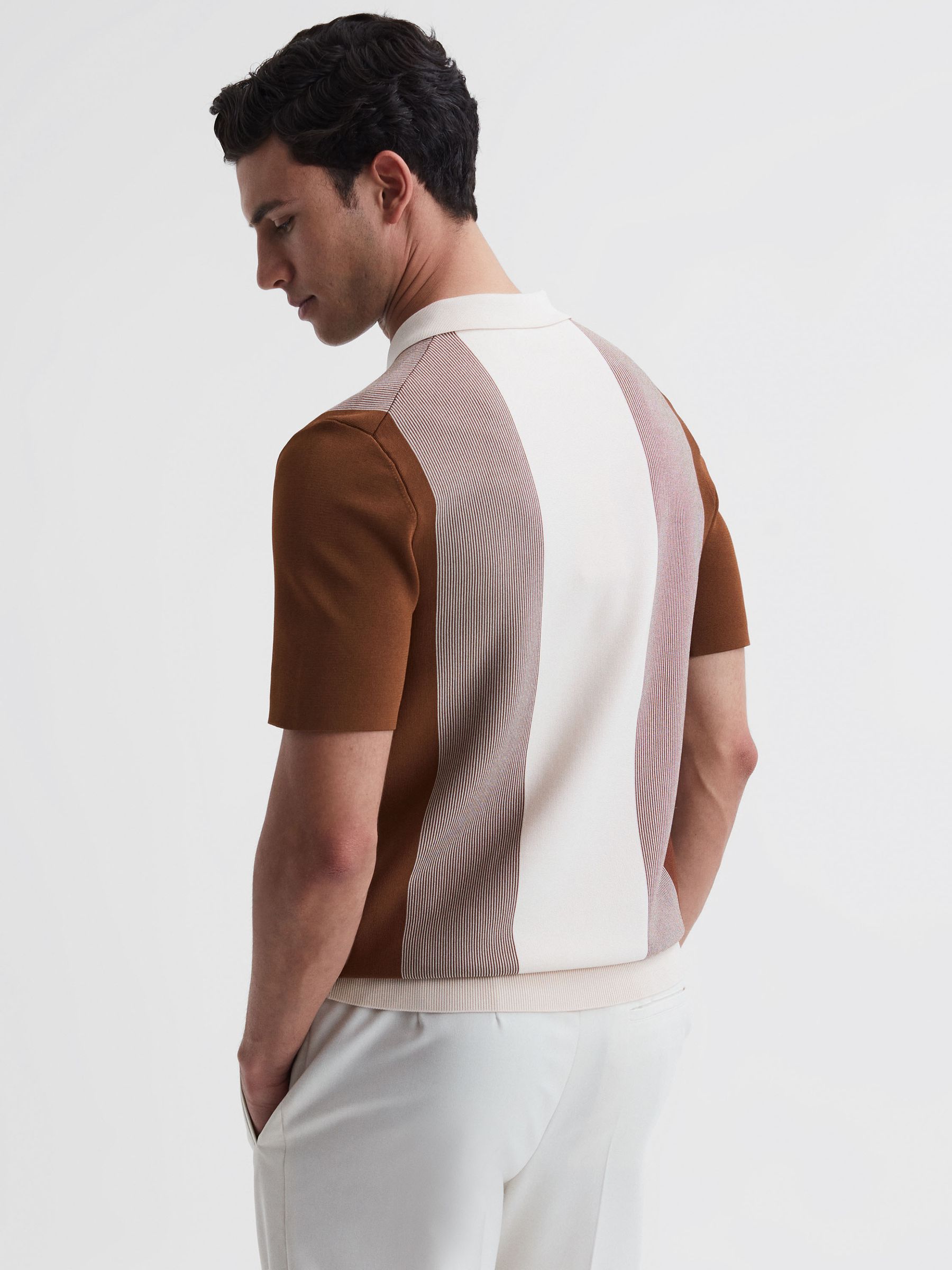 Half-Zip Striped Polo T-Shirt in Tobacco/Cream - Image 4 of 4