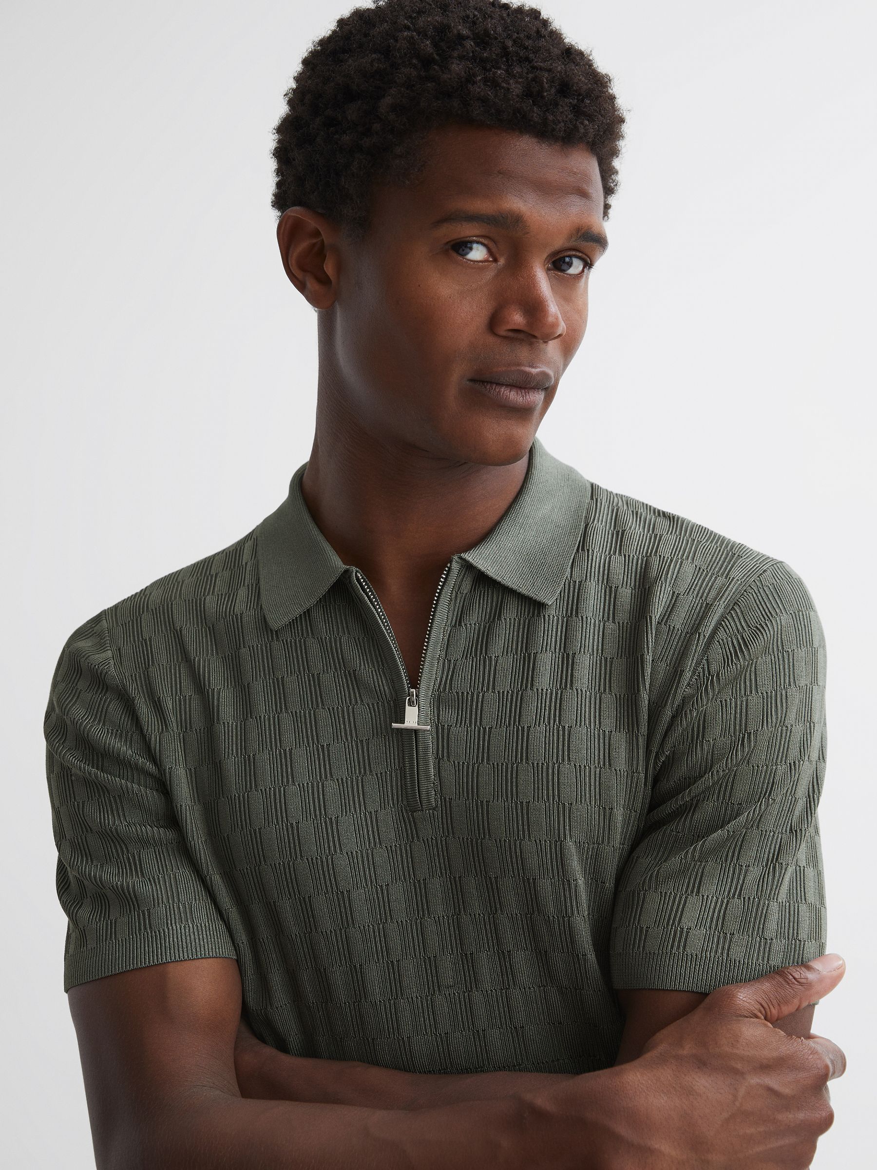 Half-Zip Textured Polo T-Shirt in Sage Green - Image 1 of 5