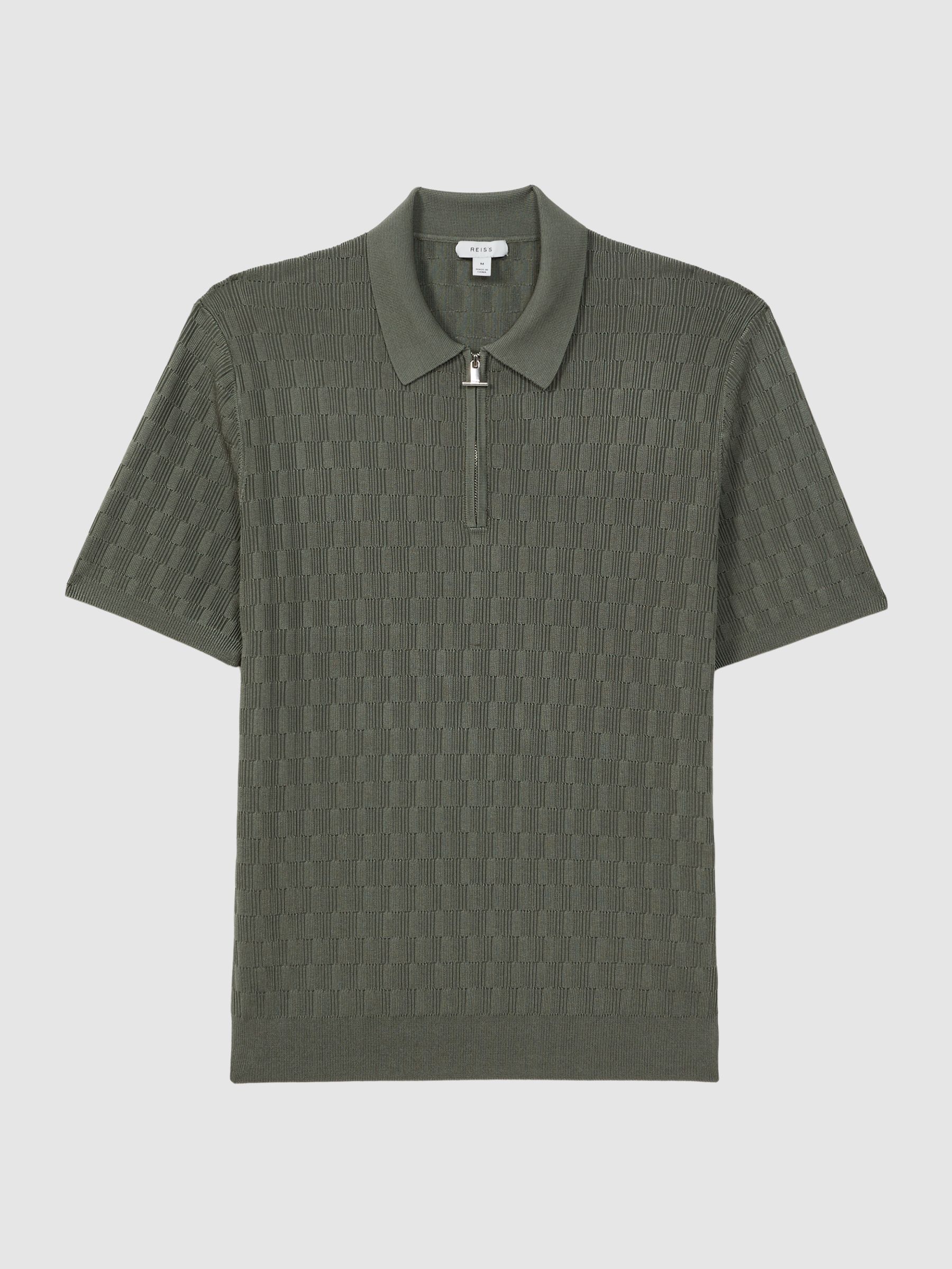 Reiss Half-Zip Textured Polo T-Shirt in Sage Green | REISS