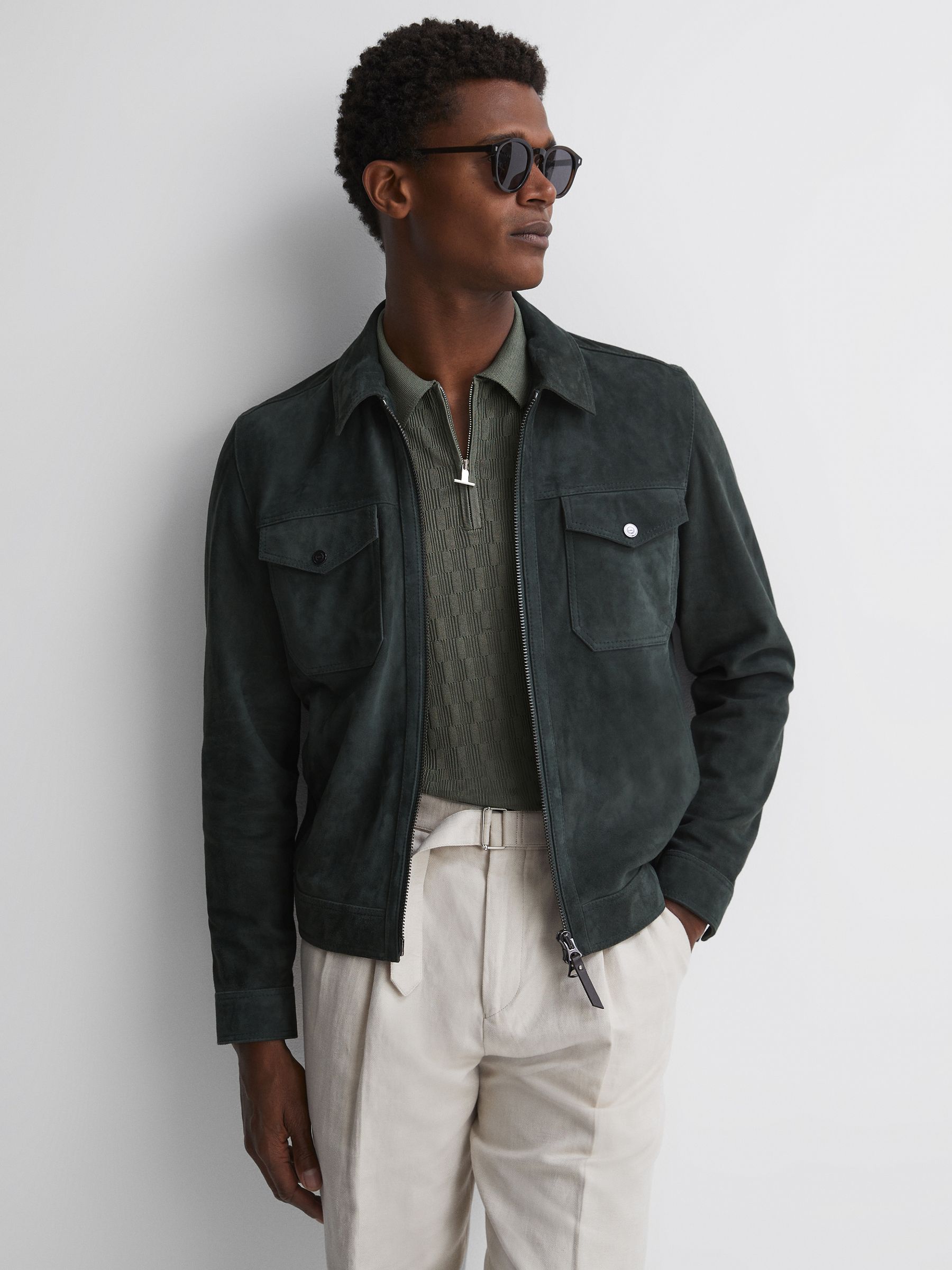 Reiss Half-Zip Textured Polo T-Shirt in Sage Green | REISS