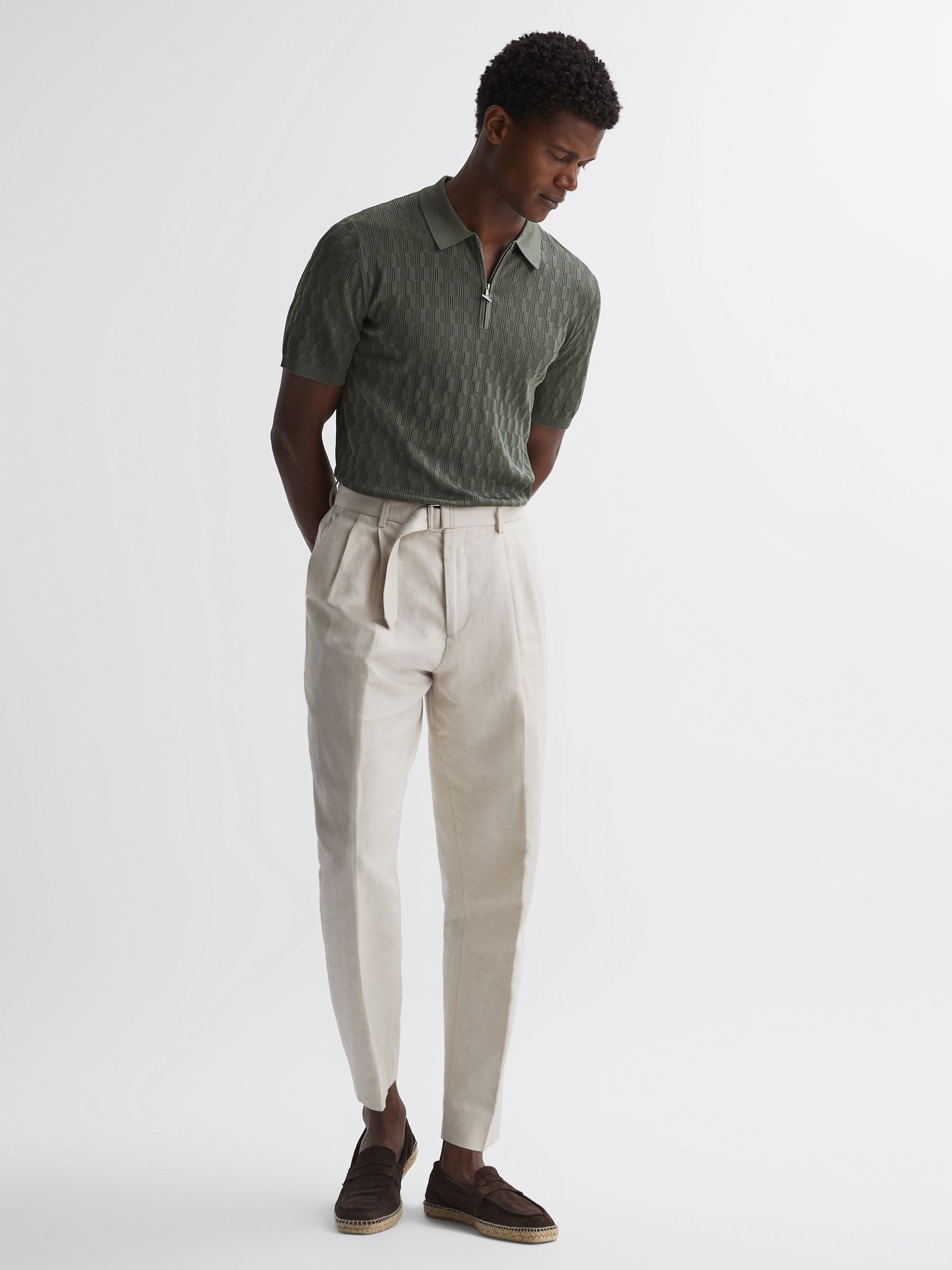 Half-Zip Textured Polo T-Shirt in Sage Green - Image 4 of 5