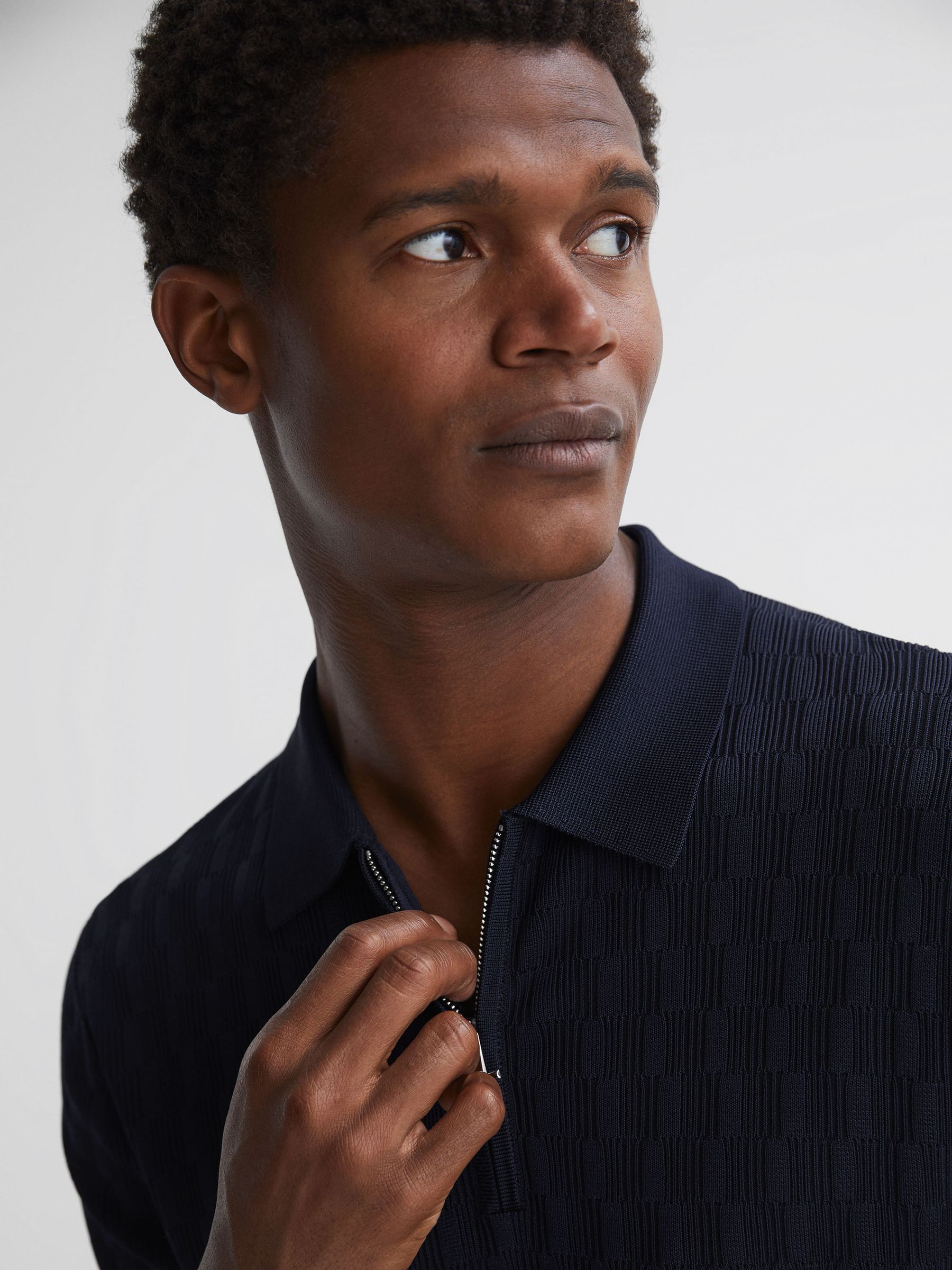 Half-Zip Textured Polo T-Shirt in Navy - Image 3 of 5