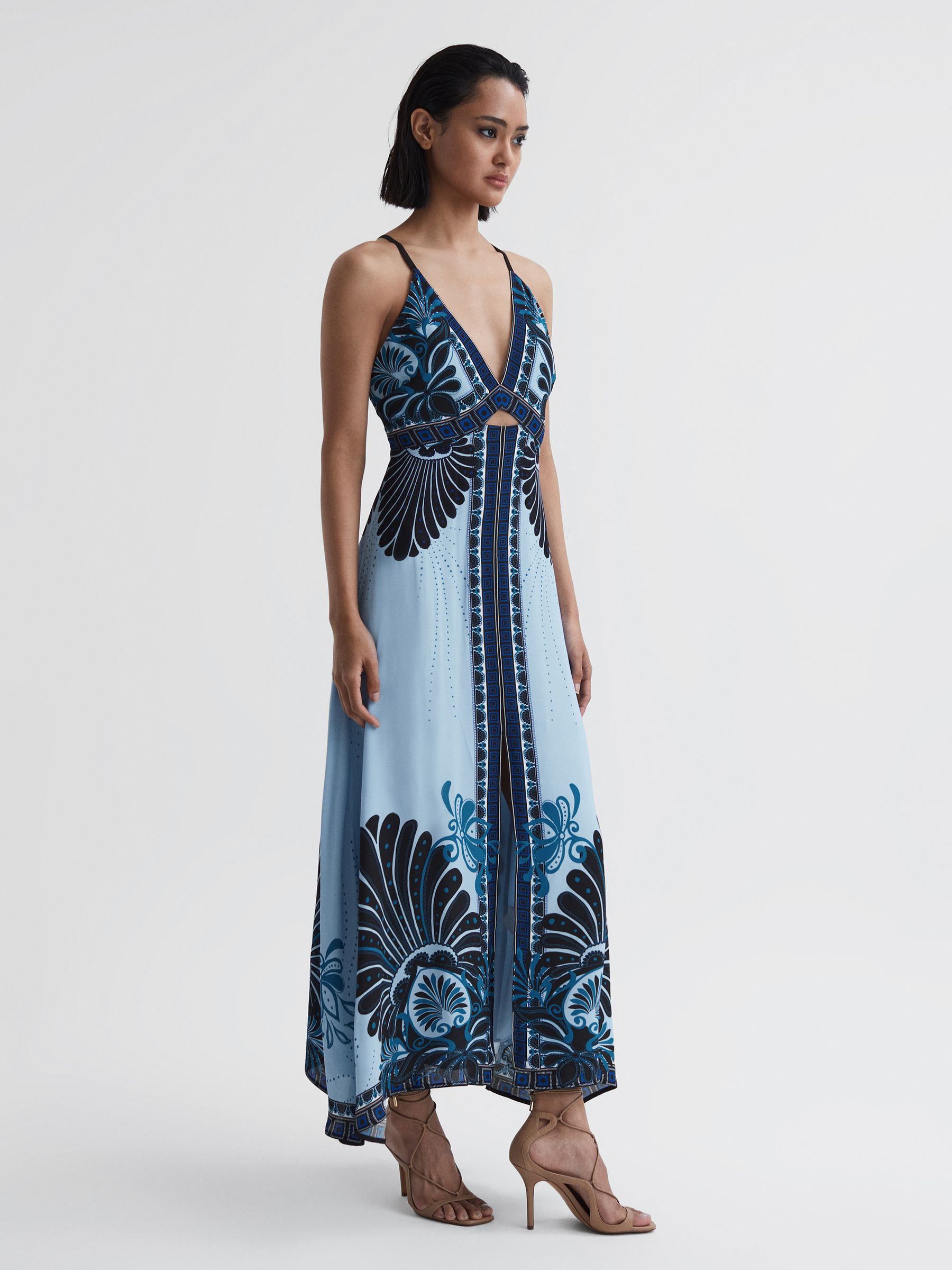 【海外限定】REISSドレス☆Delia Jersey Maxi Dress in Blue Reiss Printed V-Neck Maxi Dress in Blue - REISS