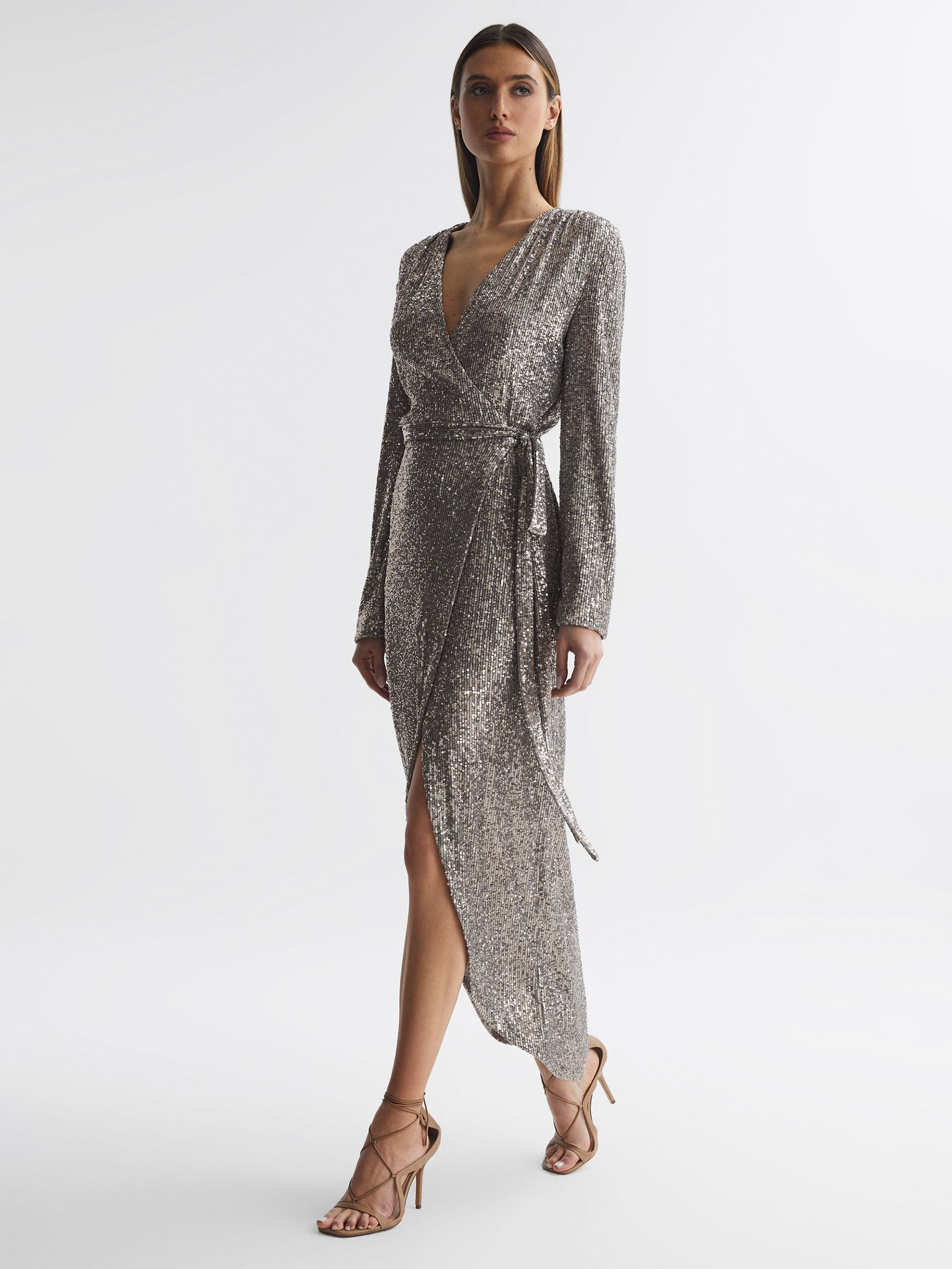 Halston Sequin Wrap Midi Dress in Silver - Image 1 of 8