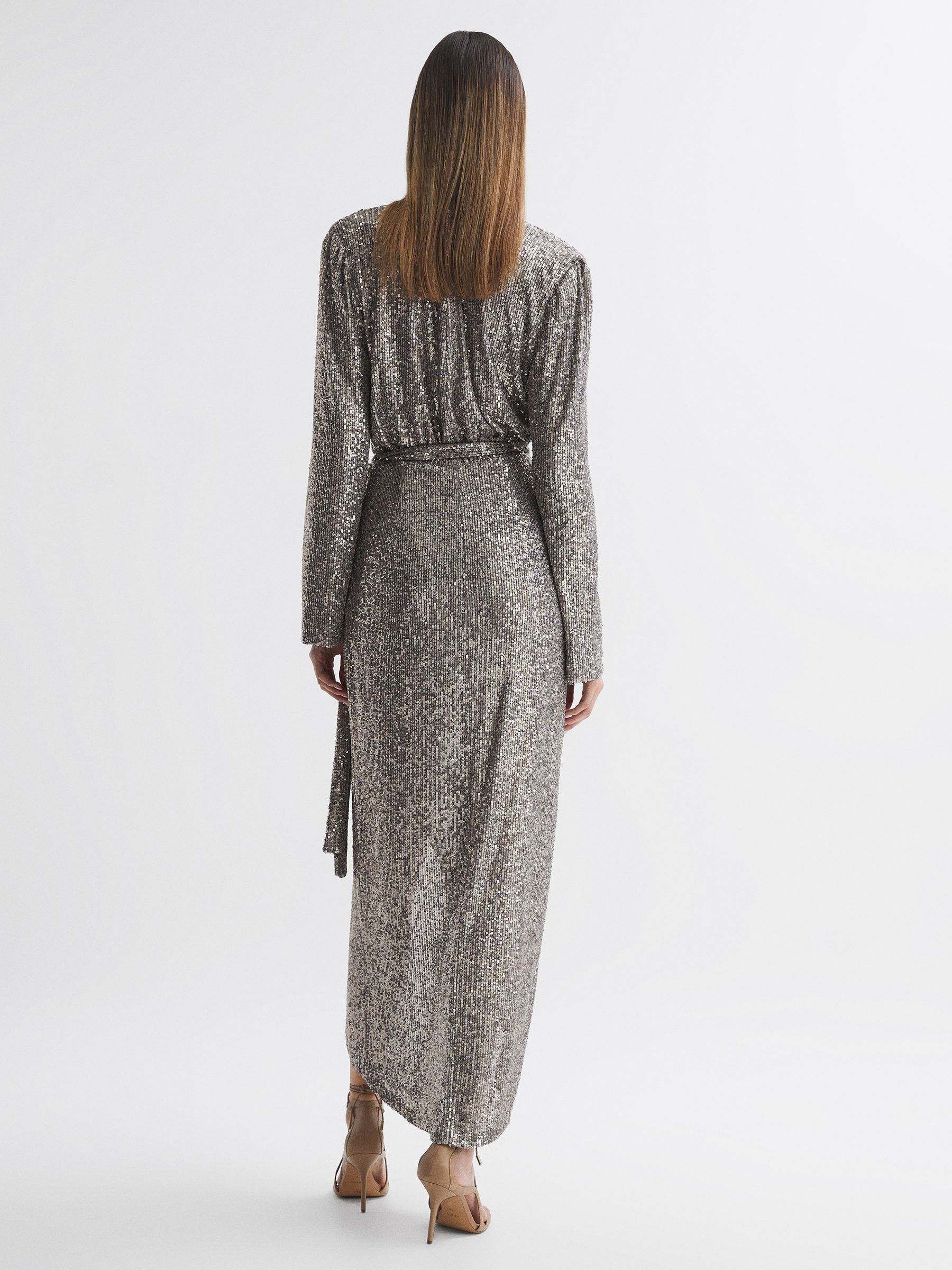 Halston Sequin Wrap Midi Dress in Silver - Image 5 of 8