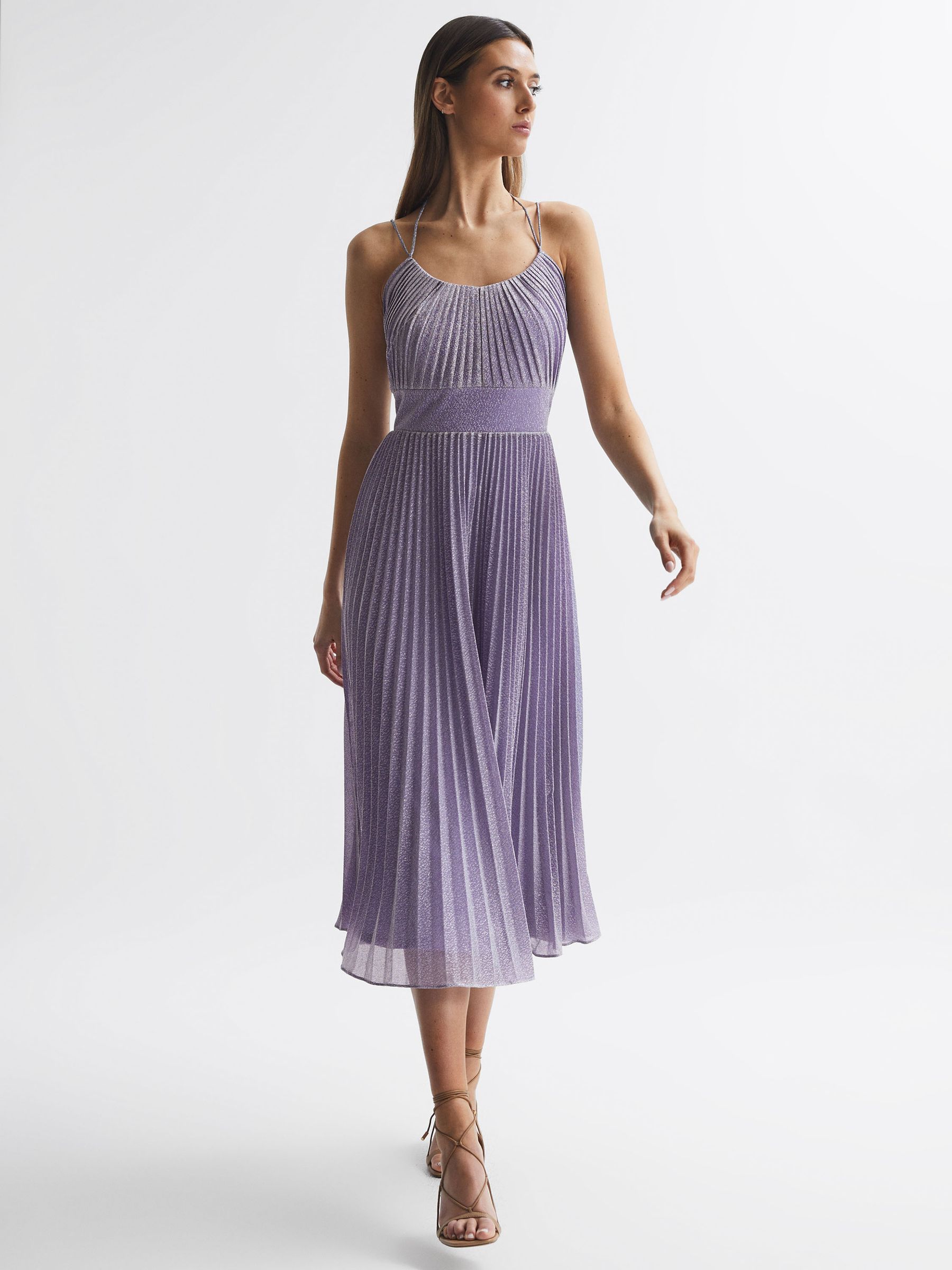 Halston Shimmer Pleated Midi Dress in Lilac - Image 1 of 8