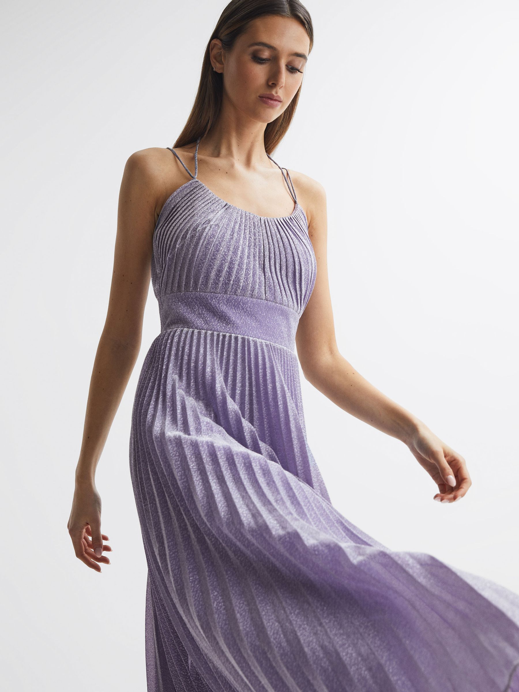Halston Shimmer Pleated Midi Dress in Lilac - Image 3 of 8