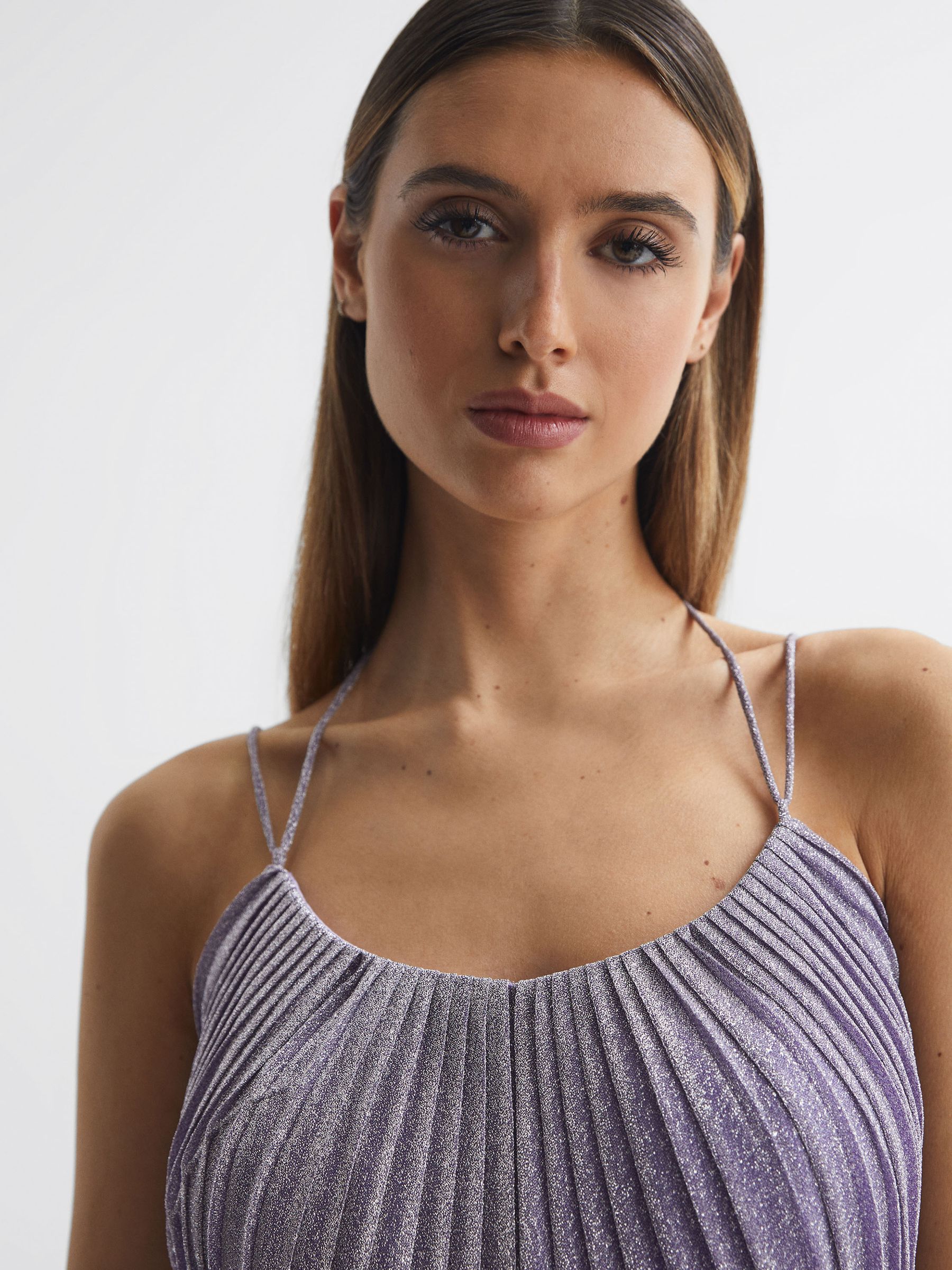 Halston Shimmer Pleated Midi Dress in Lilac - Image 4 of 8