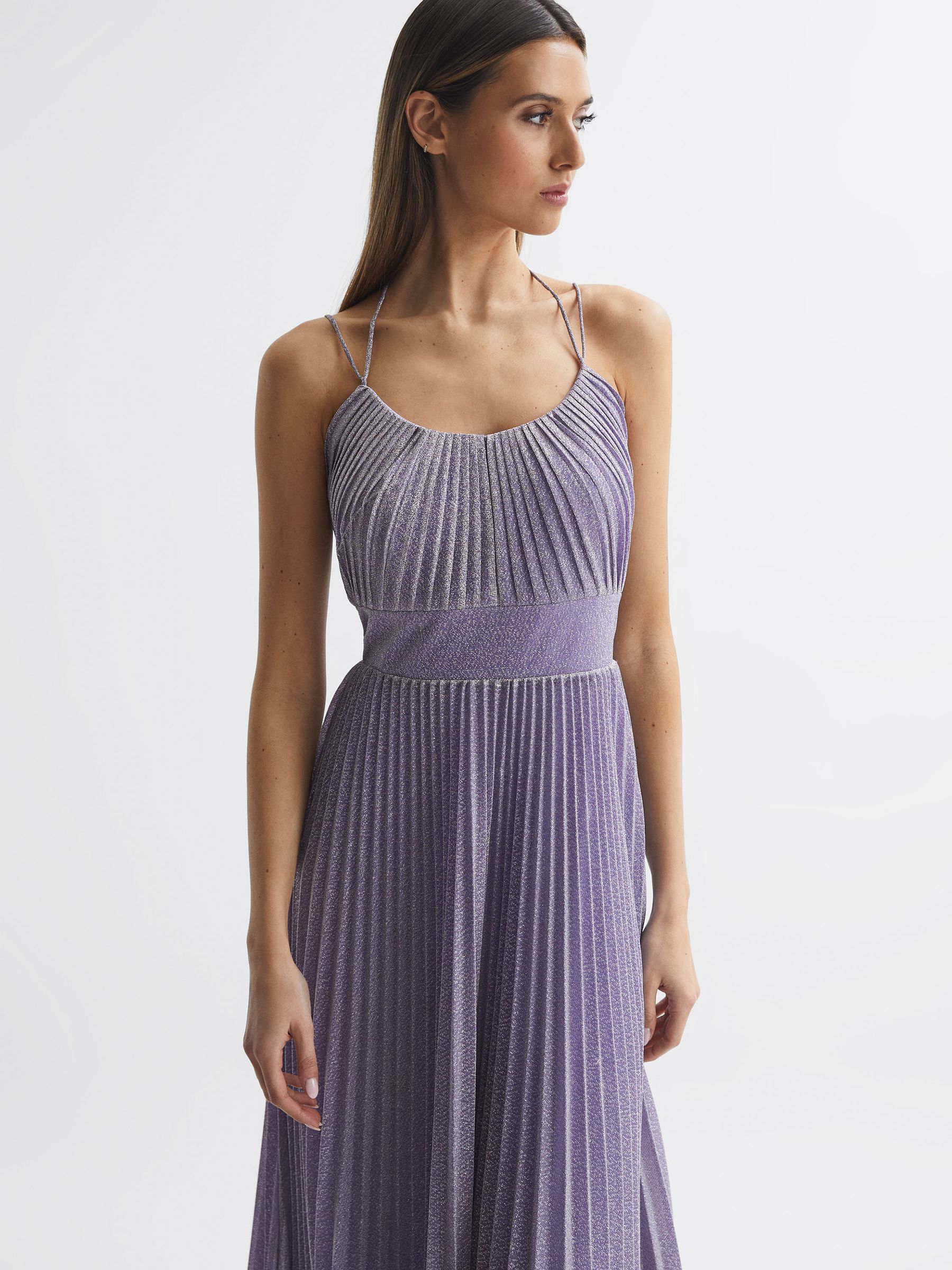Halston Shimmer Pleated Midi Dress in Lilac - Image 6 of 8