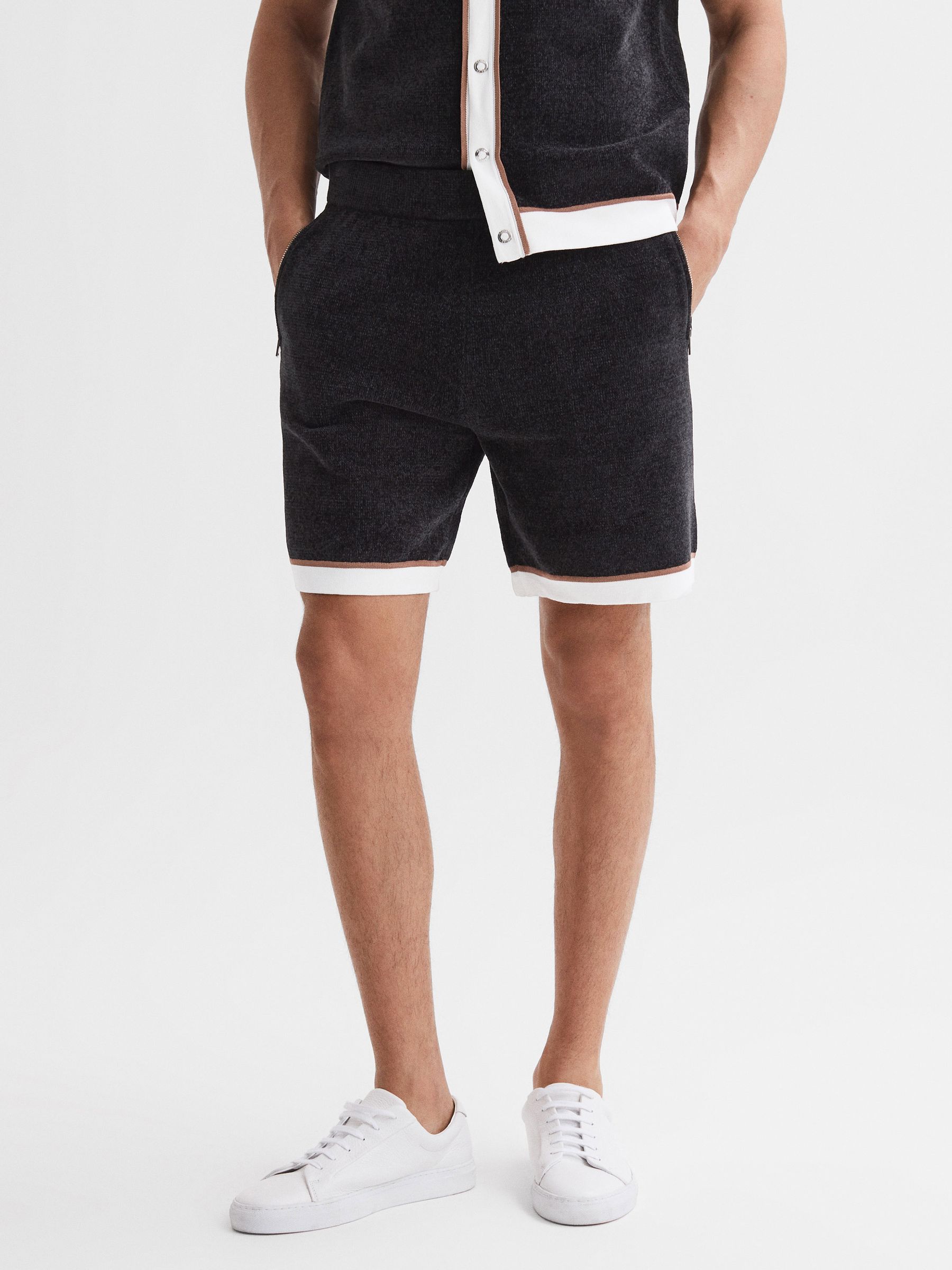 Relaxed Fit Elasticated Chenille Shorts in Black - Image 1 of 5 Relaxed Fit Elasticated Chenille Shorts in Black - Image 1 of 5