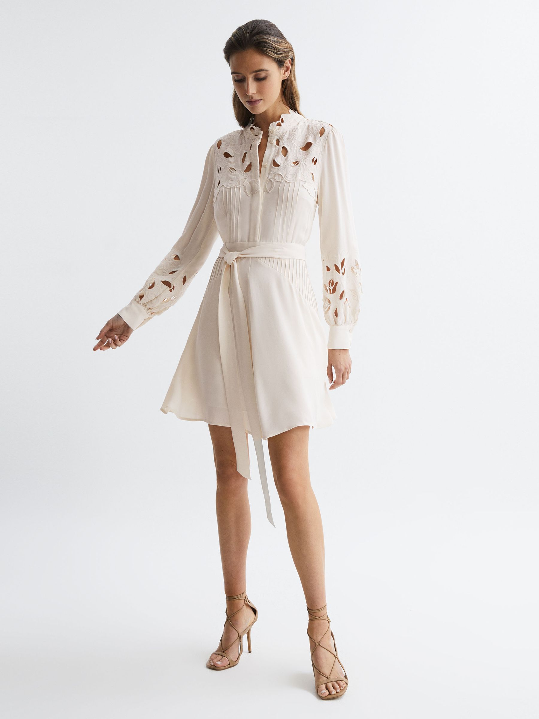 Fitted Lace Cut-Out Mini Dress in Ivory - Image 1 of 5
