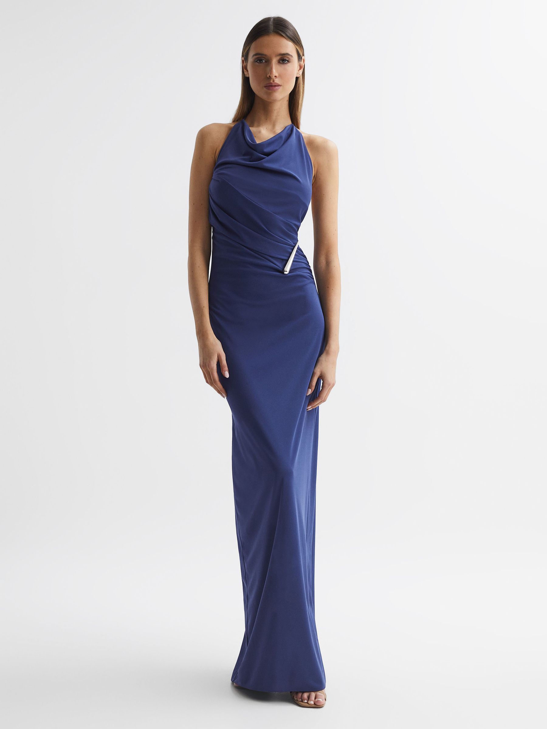 Halston Halter Neck Fitted Maxi Dress in Dark Blue - Image 1 of 7