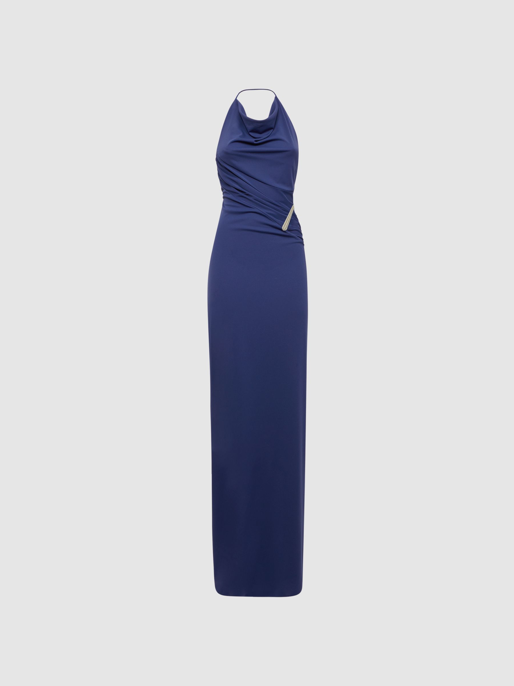Halston Halter Neck Fitted Maxi Dress in Dark Blue - Image 2 of 7