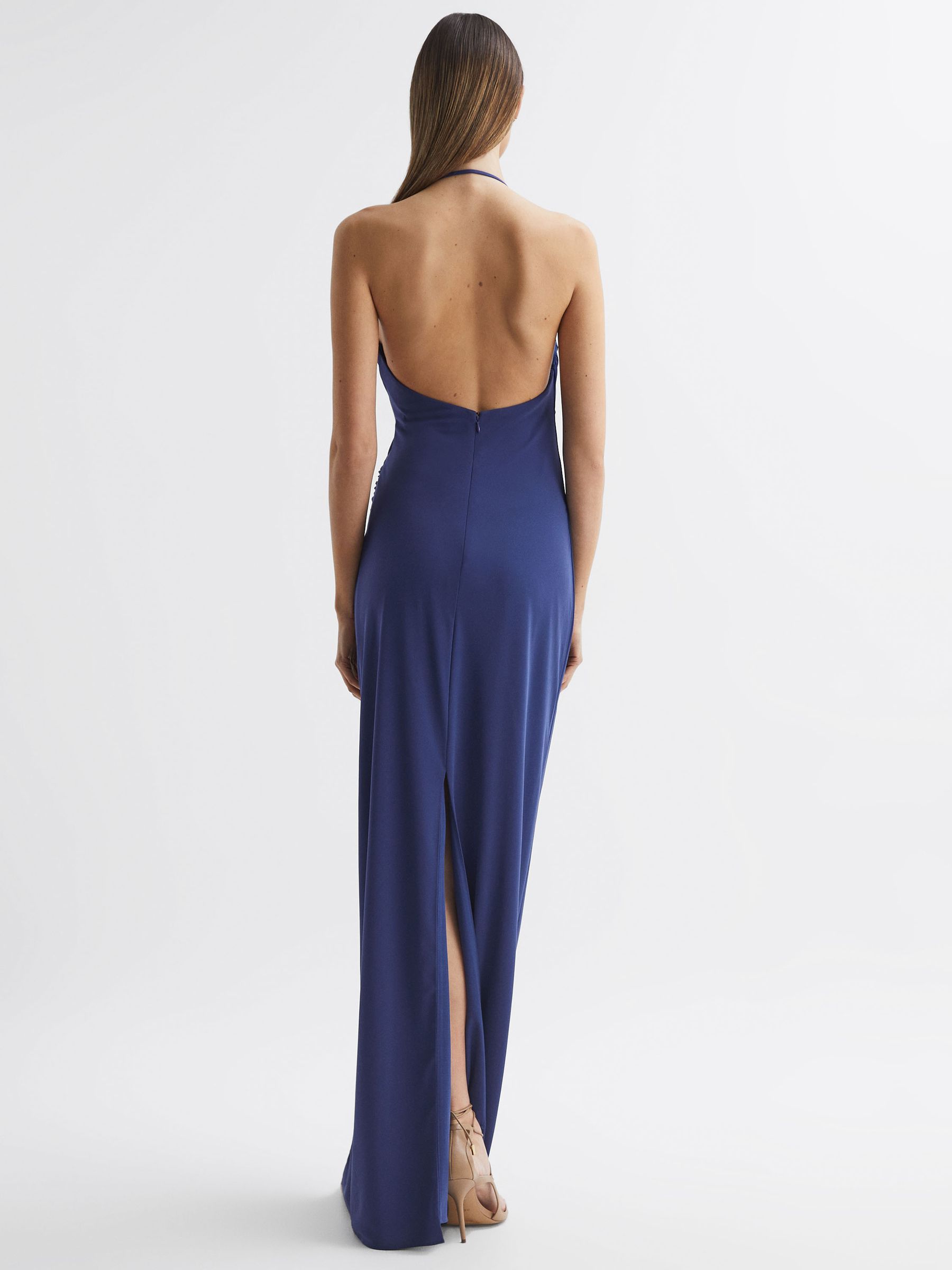 Halston Halter Neck Fitted Maxi Dress in Dark Blue - Image 5 of 7