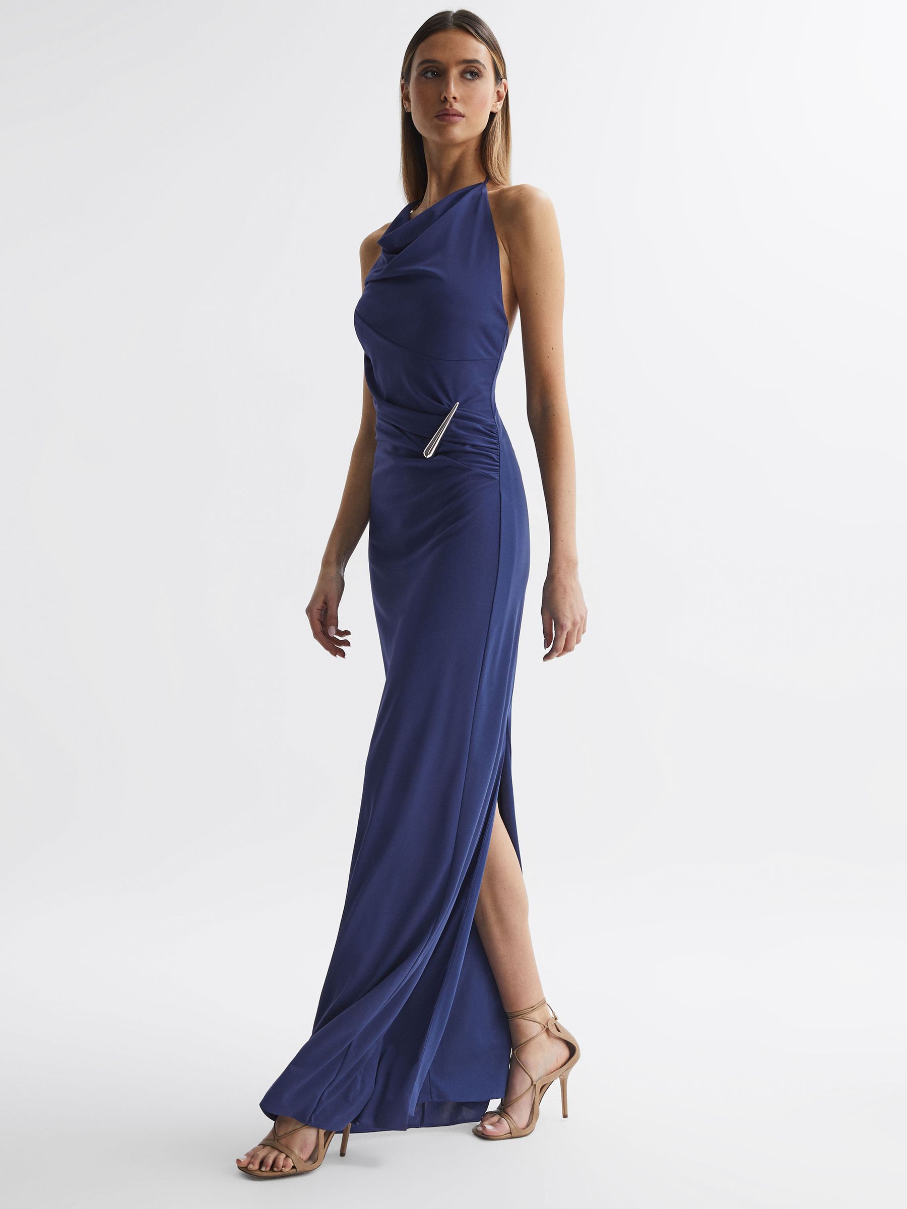 Halston Halter Neck Fitted Maxi Dress in Dark Blue - Image 6 of 7