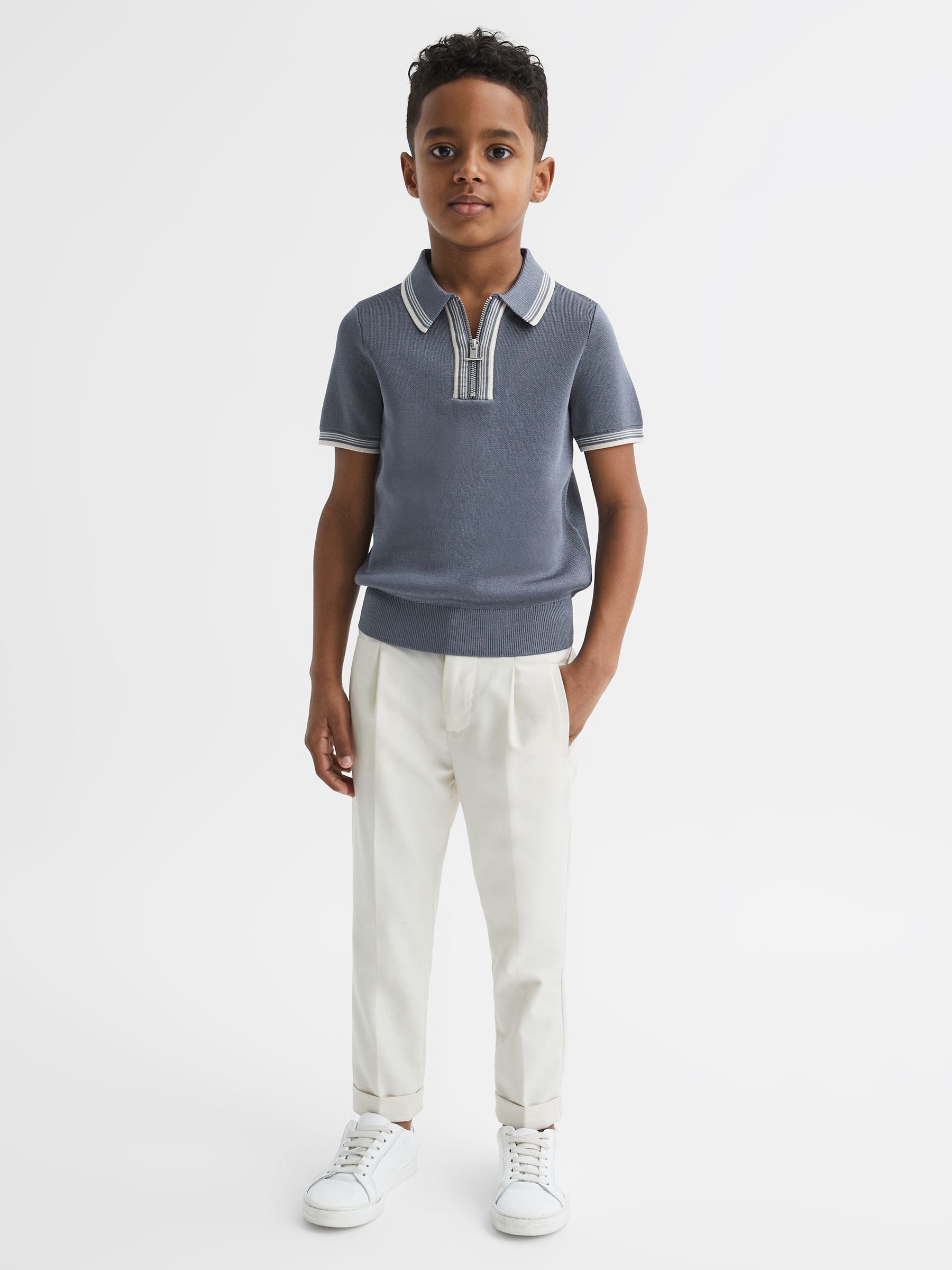 4-9 yrs Half Zip Striped T-Shirt in Ashley Blue - Image 3 of 6