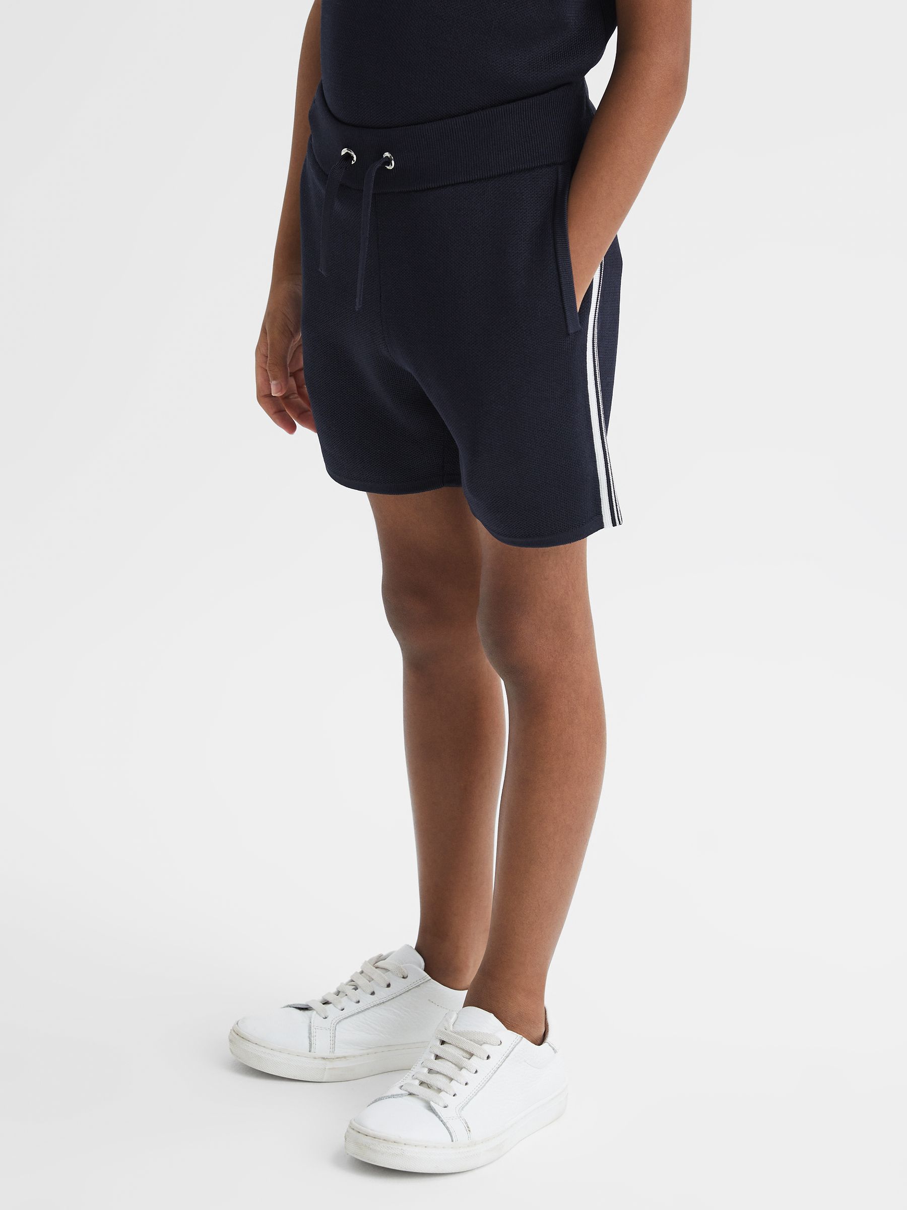 Junior Side Stripe Drawstring Shorts in Navy - Image 1 of 7 Junior Side Stripe Drawstring Shorts in Navy - Image 1 of 7