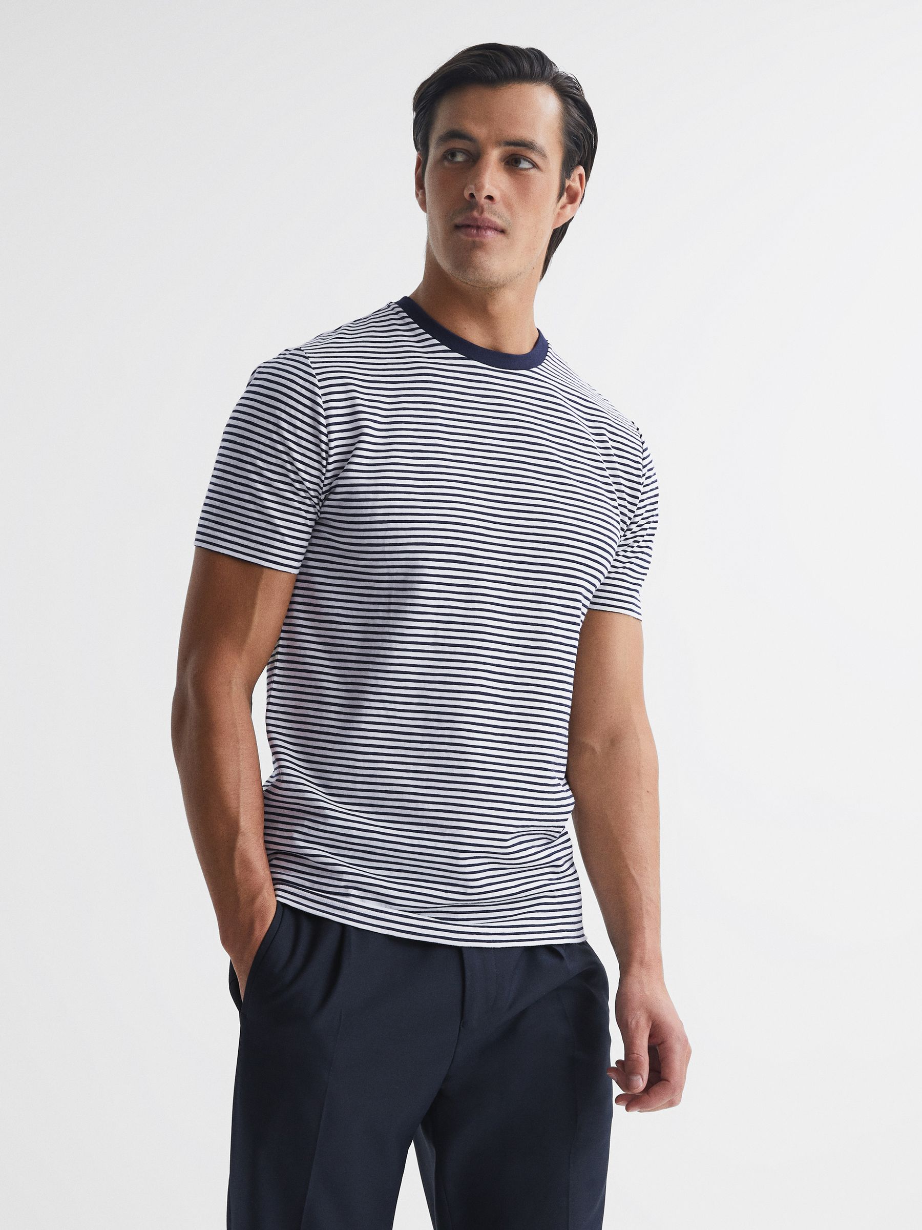 Striped Short Sleeve Crew Neck T-Shirt in Navy/White - Image 1 of 6