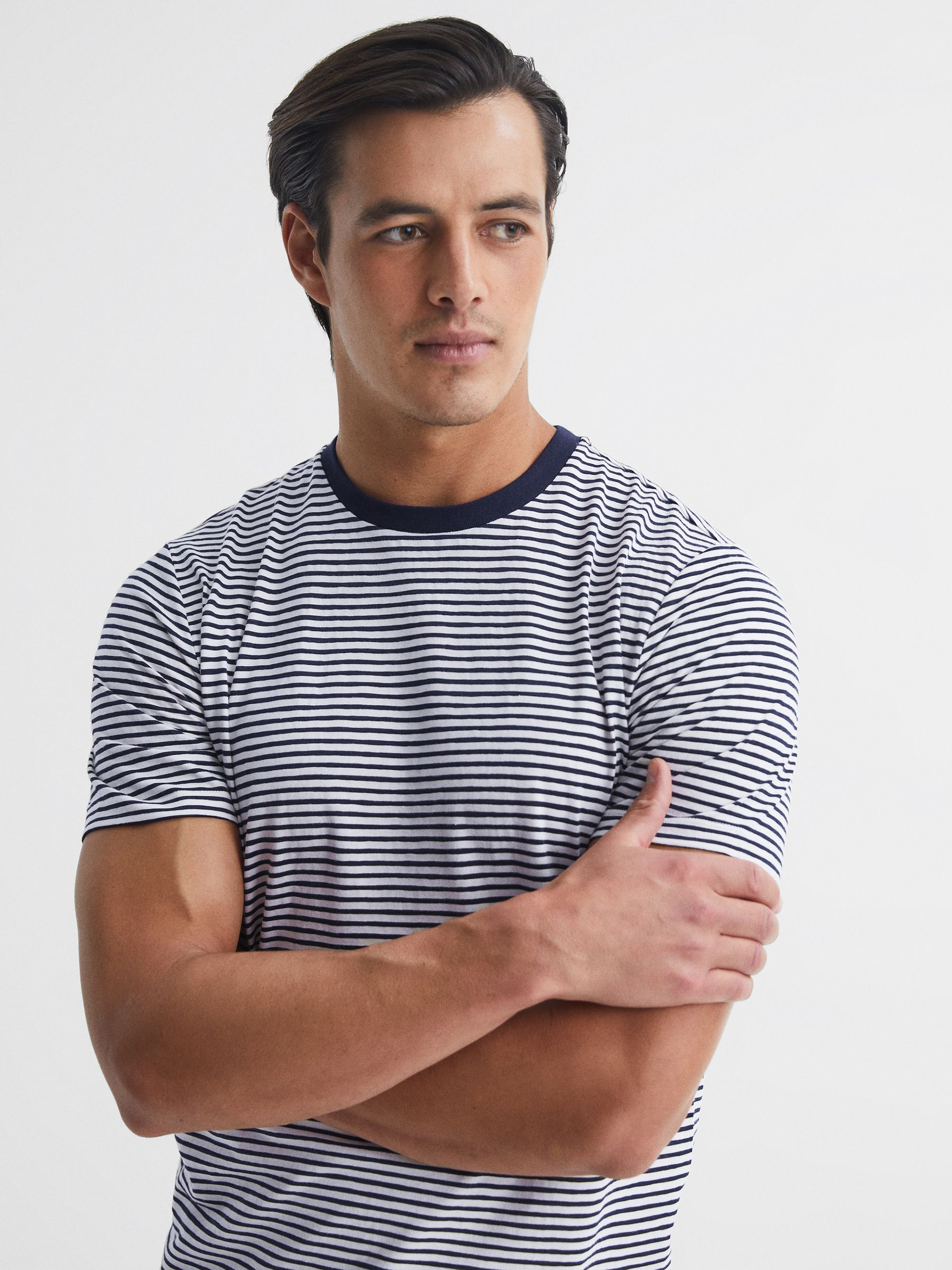 Striped Short Sleeve Crew Neck T-Shirt in Navy/White - Image 4 of 6