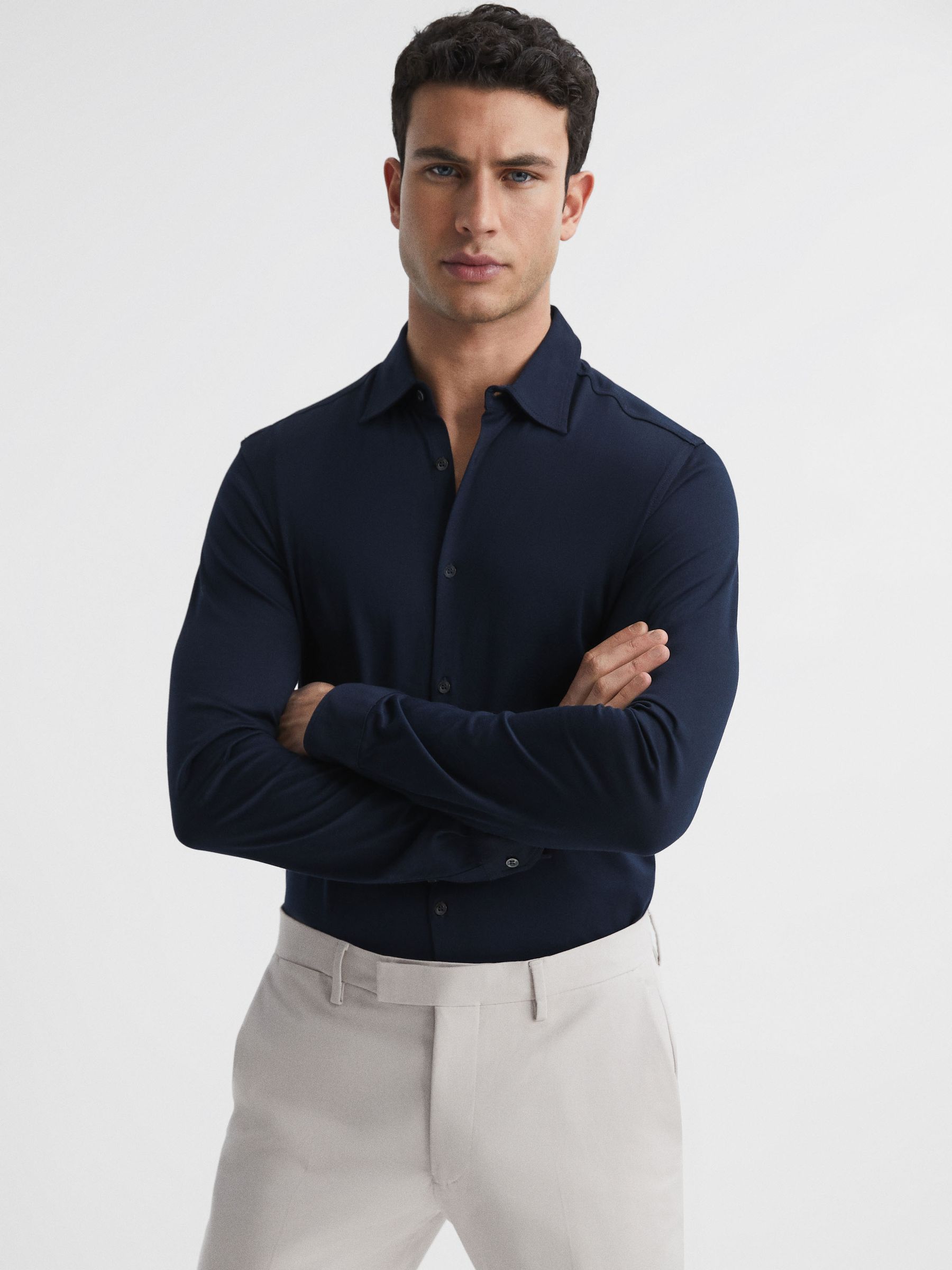 Mercerised Cotton Button-Through Shirt in Navy - Image 1 of 6 Mercerised Cotton Button-Through Shirt in Navy - Image 1 of 6