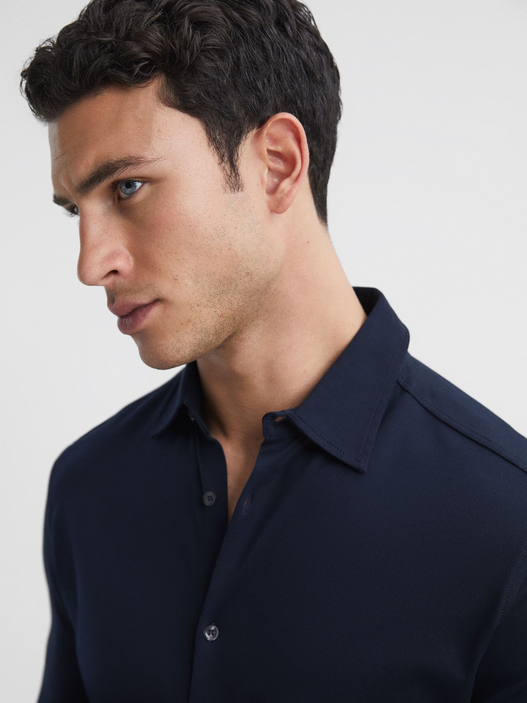 Mercerised Cotton Button-Through Shirt in Navy - Image 4 of 6
