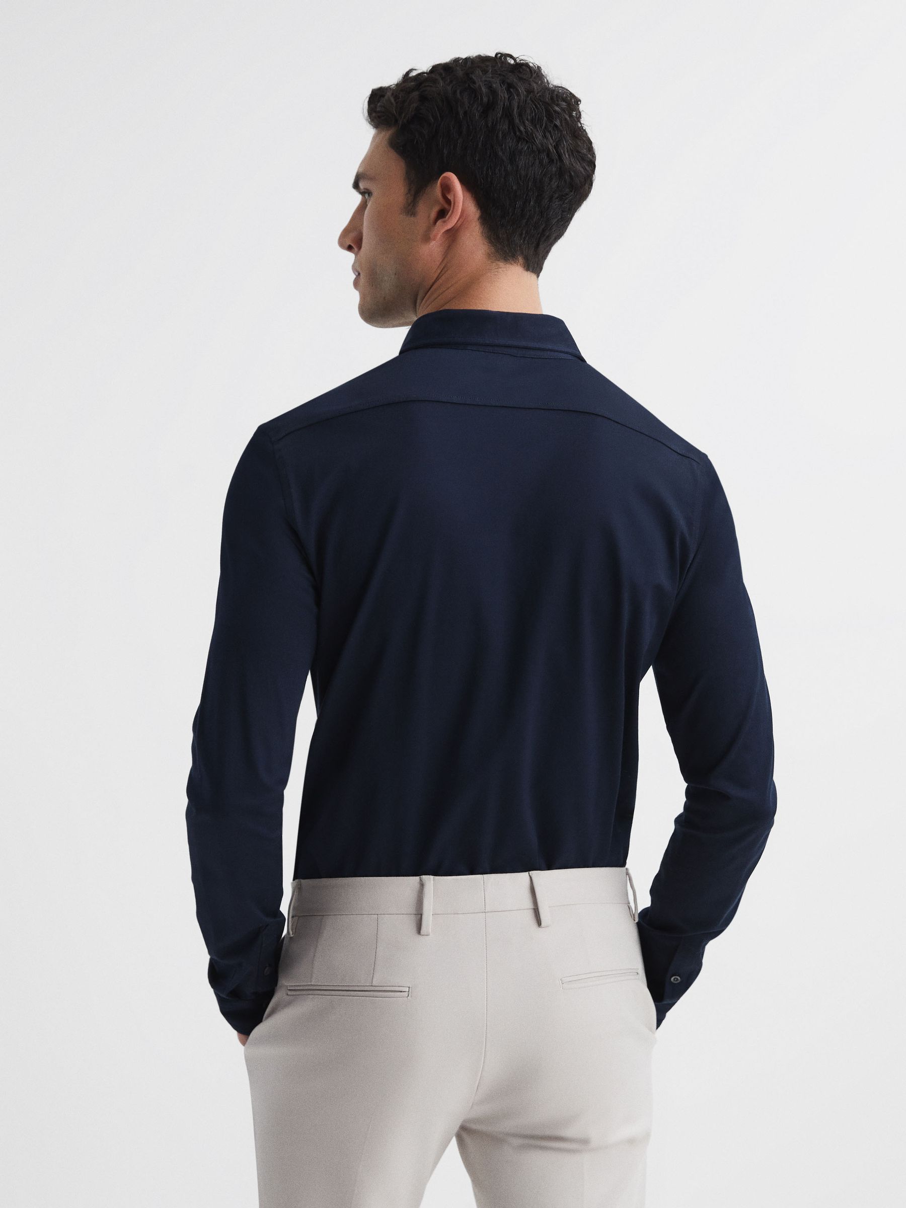 Mercerised Cotton Button-Through Shirt in Navy - Image 5 of 6