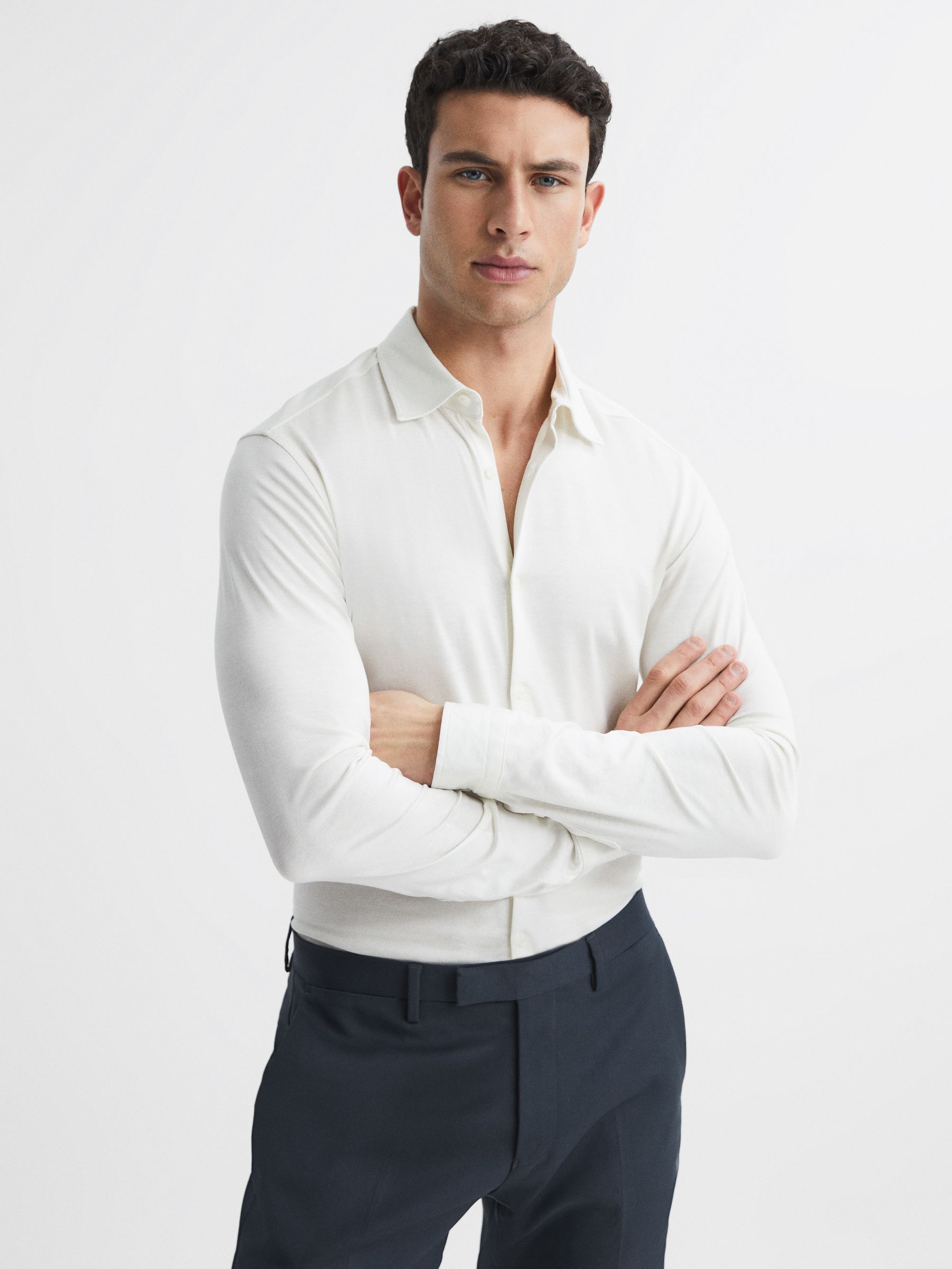 Mercerised Cotton Button-Through Shirt in Ecru - Image 1 of 6