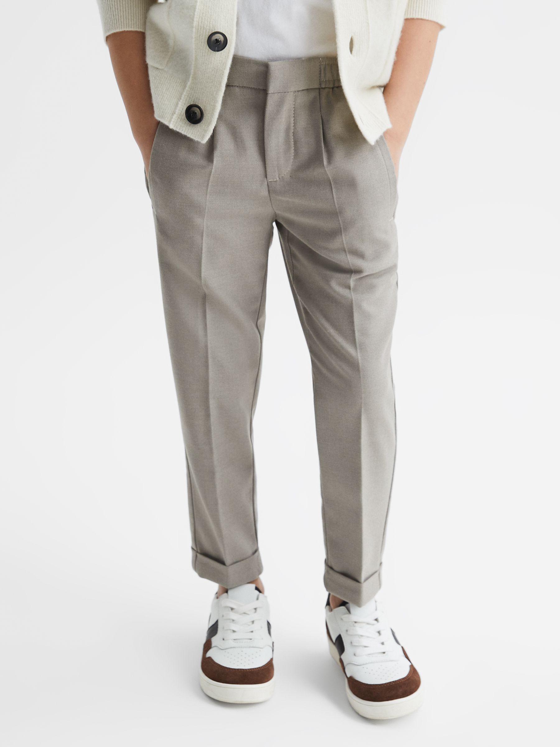 Junior Relaxed Elasticated Trousers with Turn-Ups in Taupe - Image 1 of 7