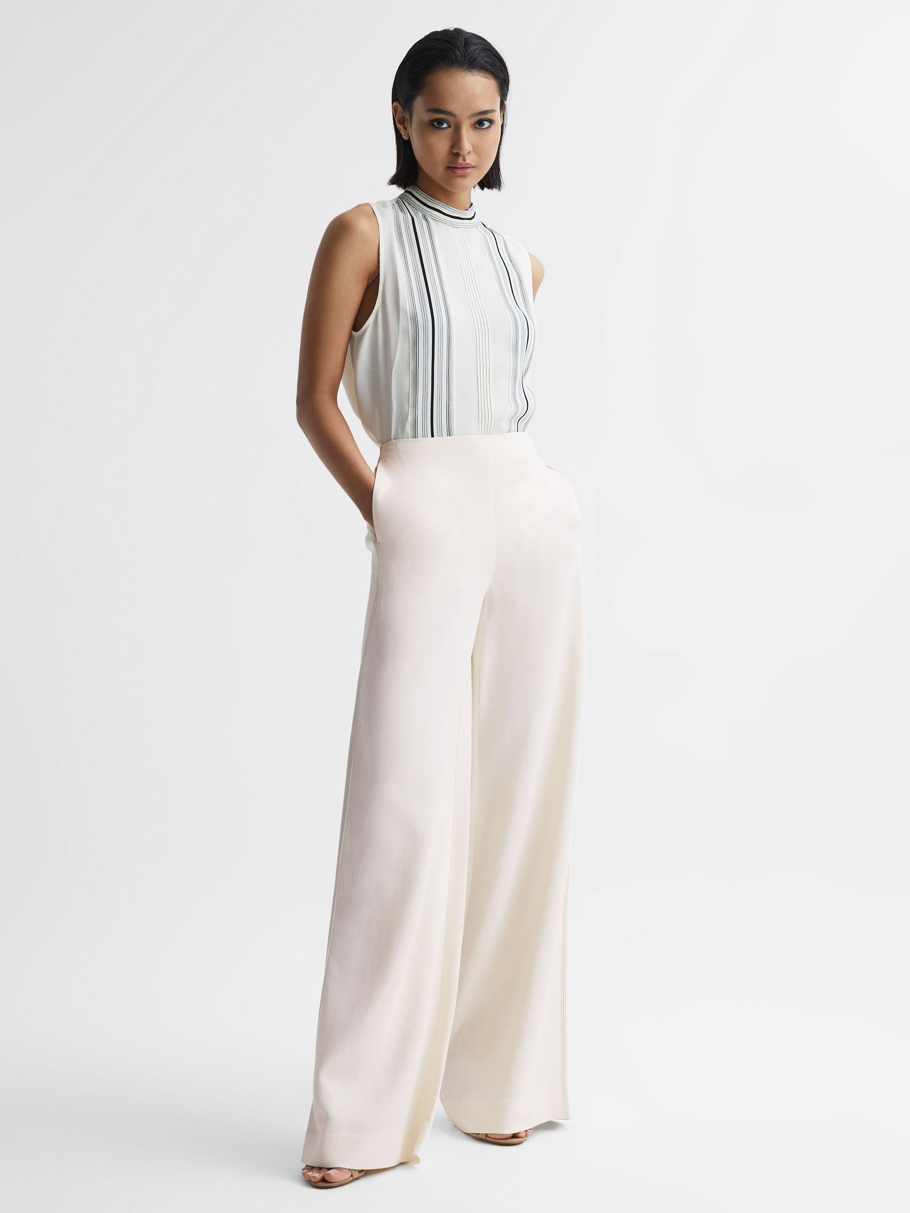 Wide Leg Stitch Detail Trousers in Cream - Image 1 of 8