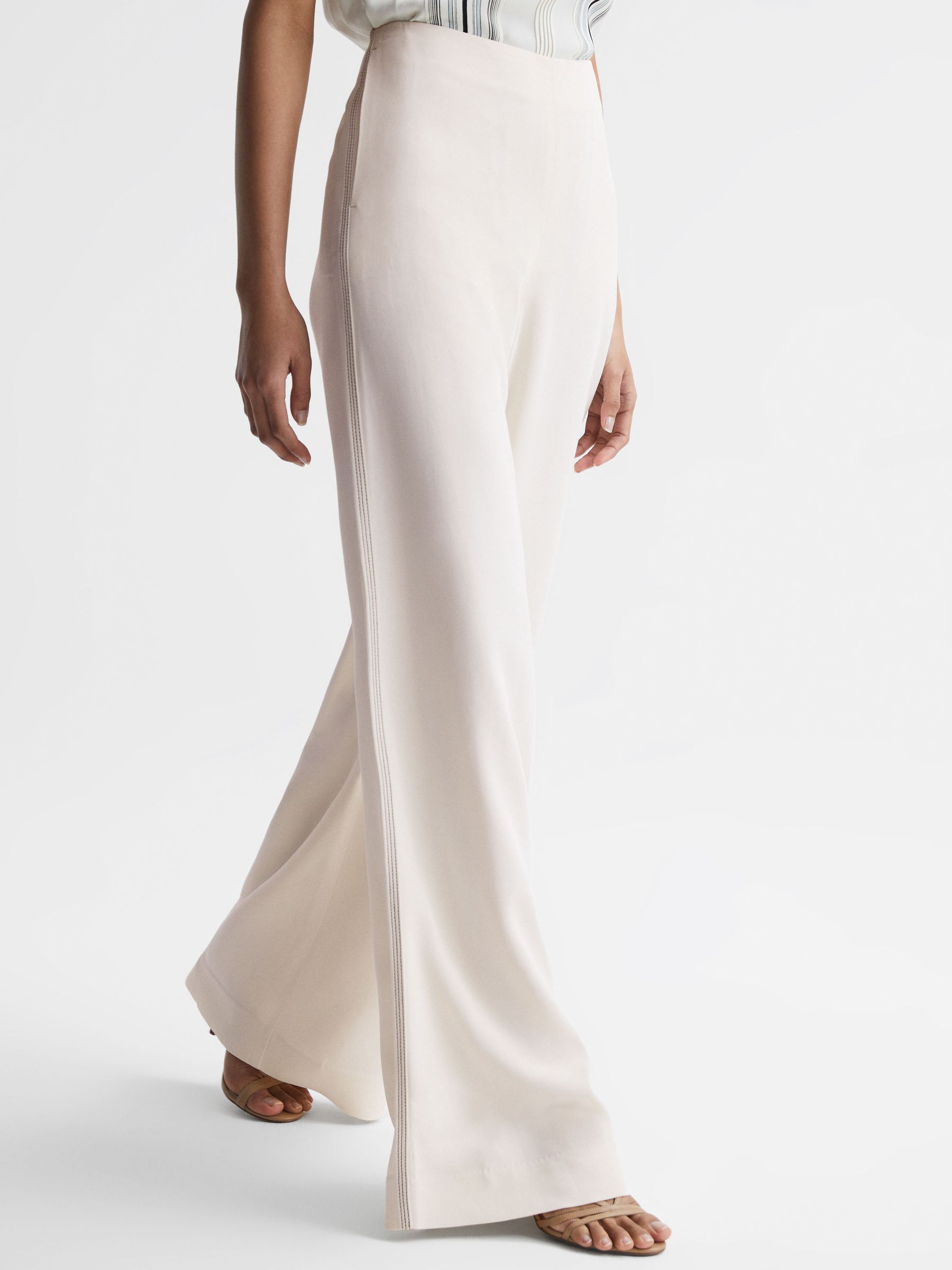 Wide Leg Stitch Detail Trousers in Cream - Image 3 of 8