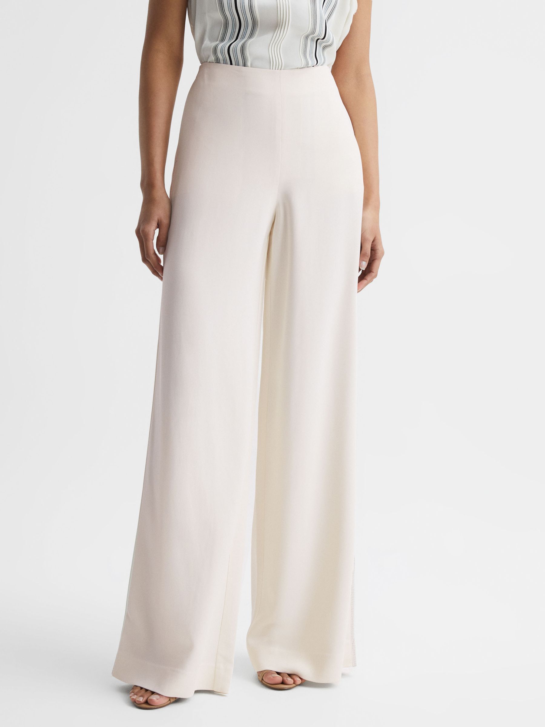 Wide Leg Stitch Detail Trousers in Cream - Image 6 of 8