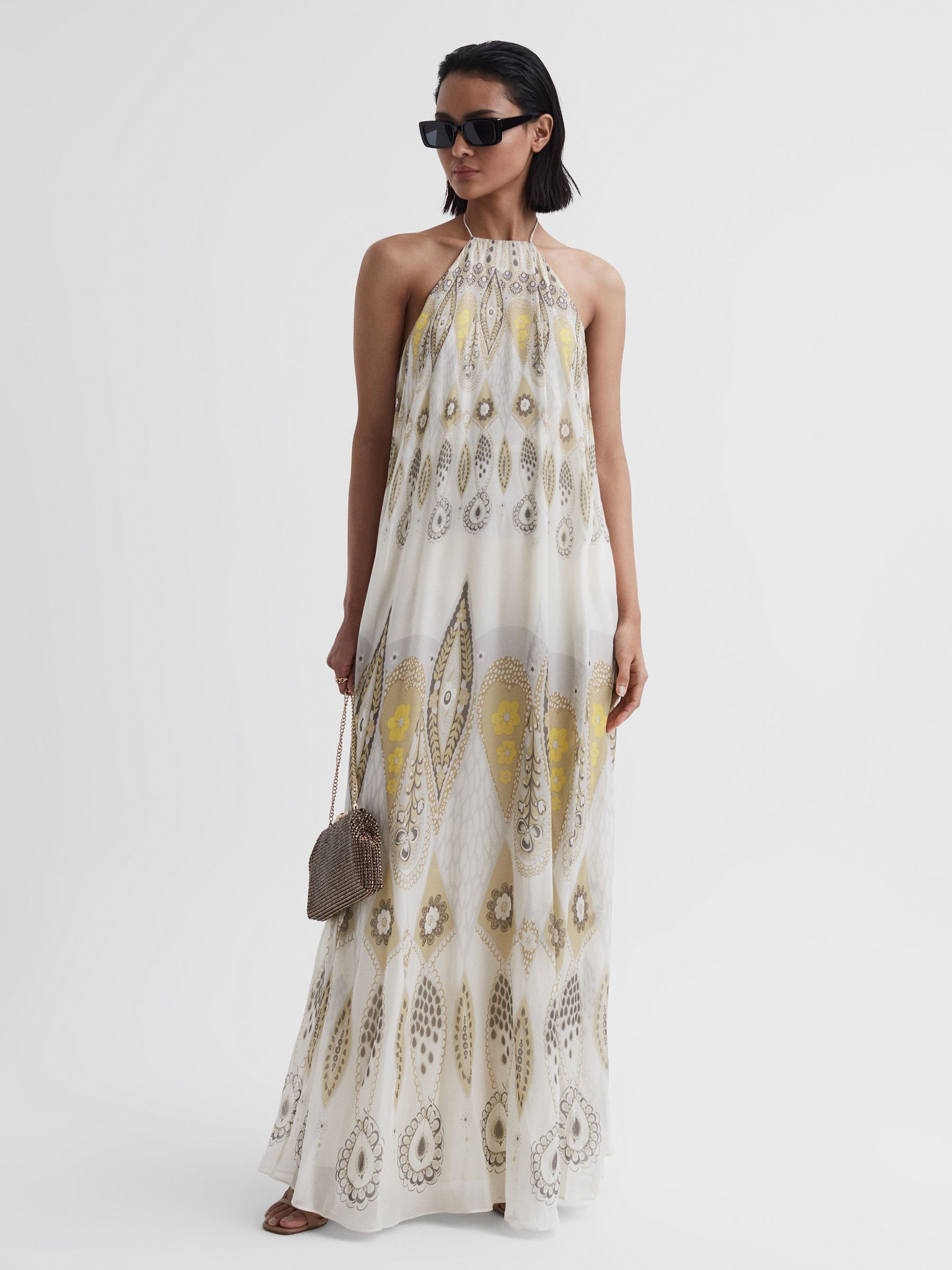 Printed Halter Neck Maxi Dress in Yellow - Image 1 of 4