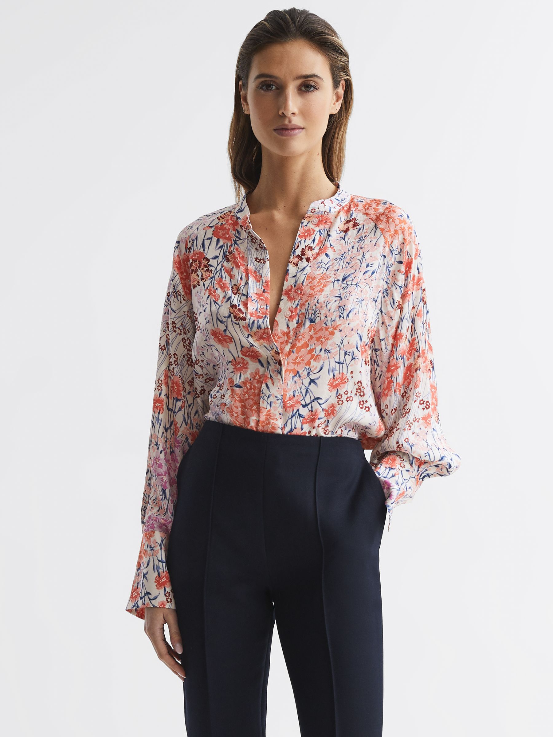Meadow Print Split Cuff Shirt in Coral/White - Image 1 of 5 Meadow Print Split Cuff Shirt in Coral/White - Image 1 of 5