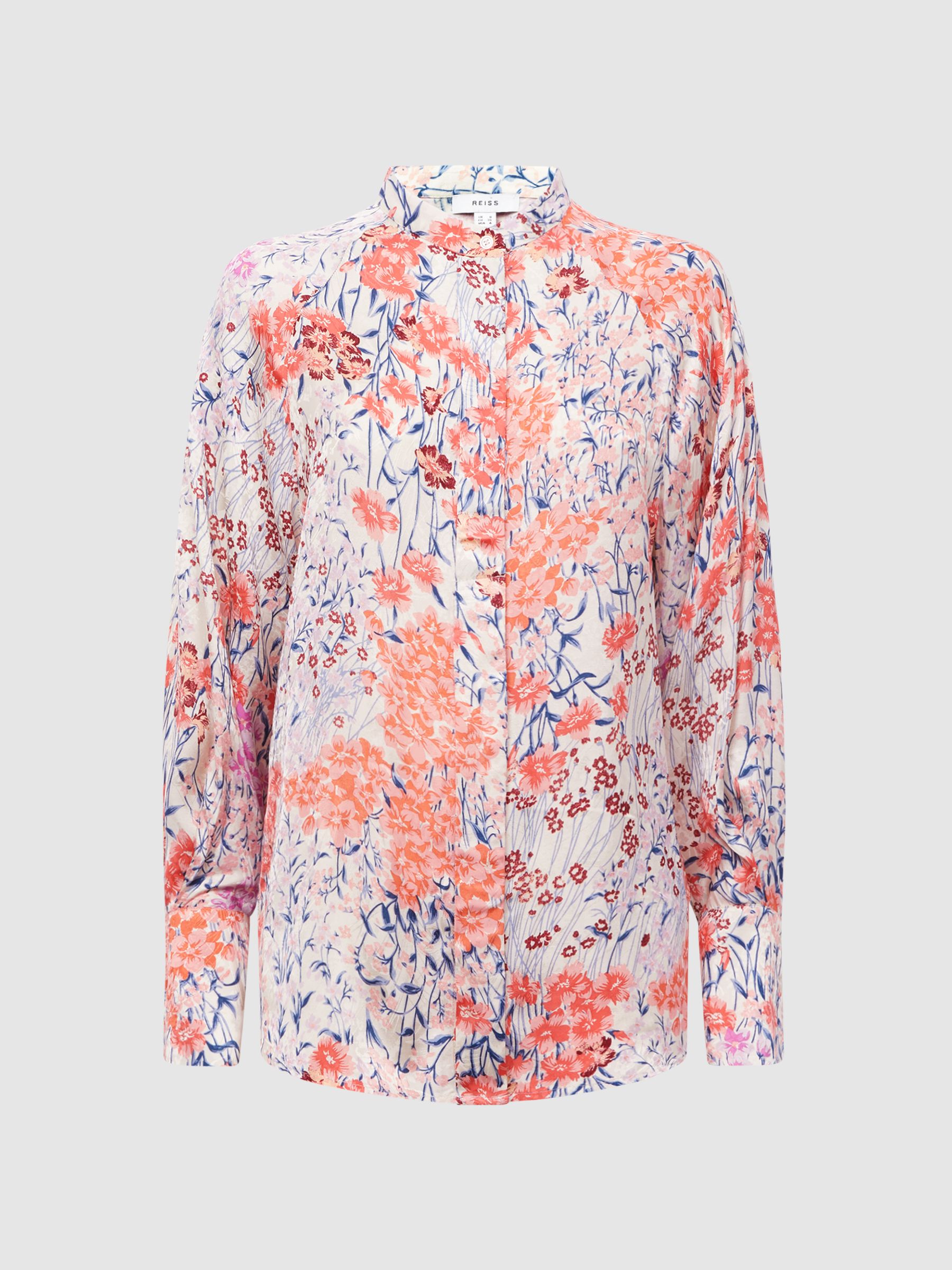 Meadow Print Split Cuff Shirt in Coral/White - Image 2 of 5 Meadow Print Split Cuff Shirt in Coral/White - Image 2 of 5