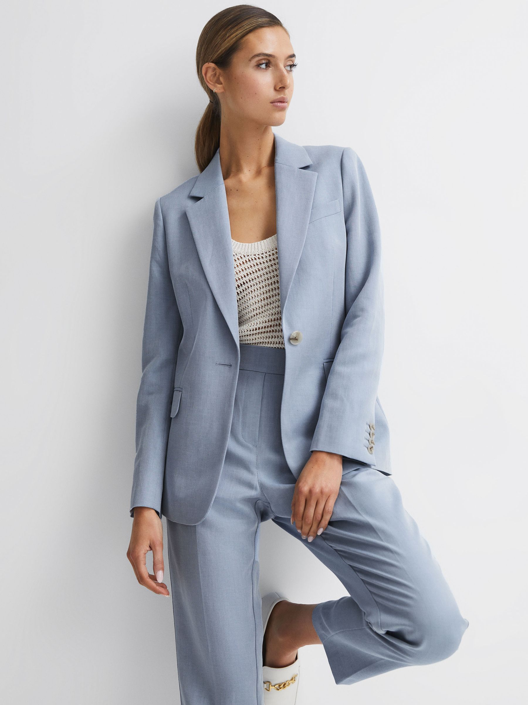 Single Breasted Tailored Blazer in Pale Blue - Image 1 of 7