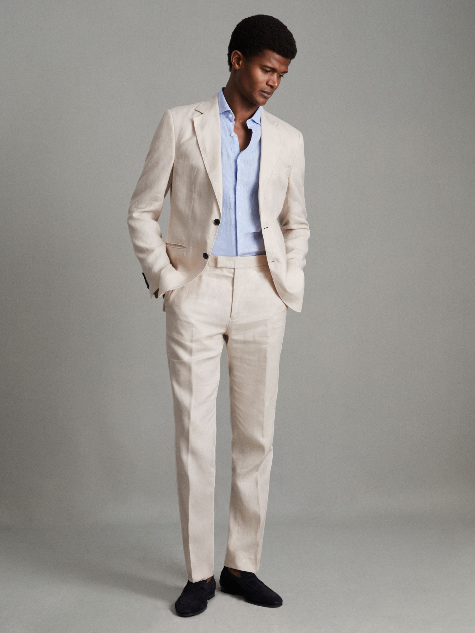 Slim Fit Single Breasted Linen Blazer in Stone - Image 3 of 7