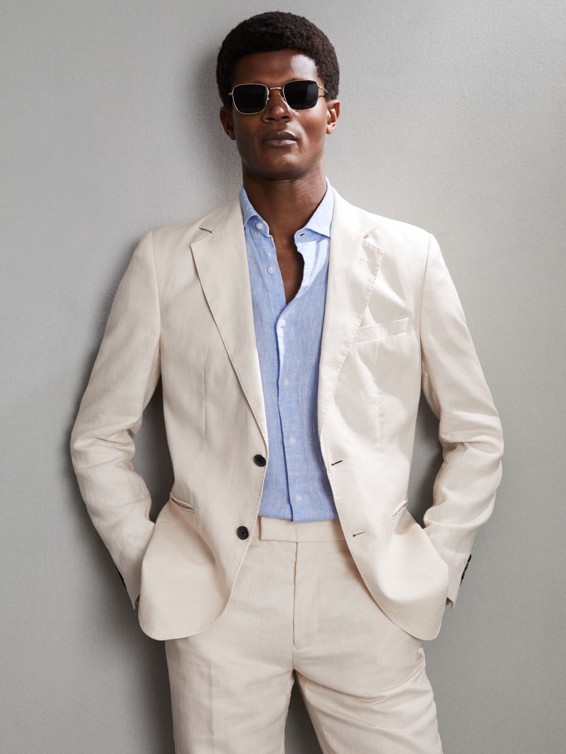 Slim Fit Single Breasted Linen Blazer in Stone - Image 7 of 7